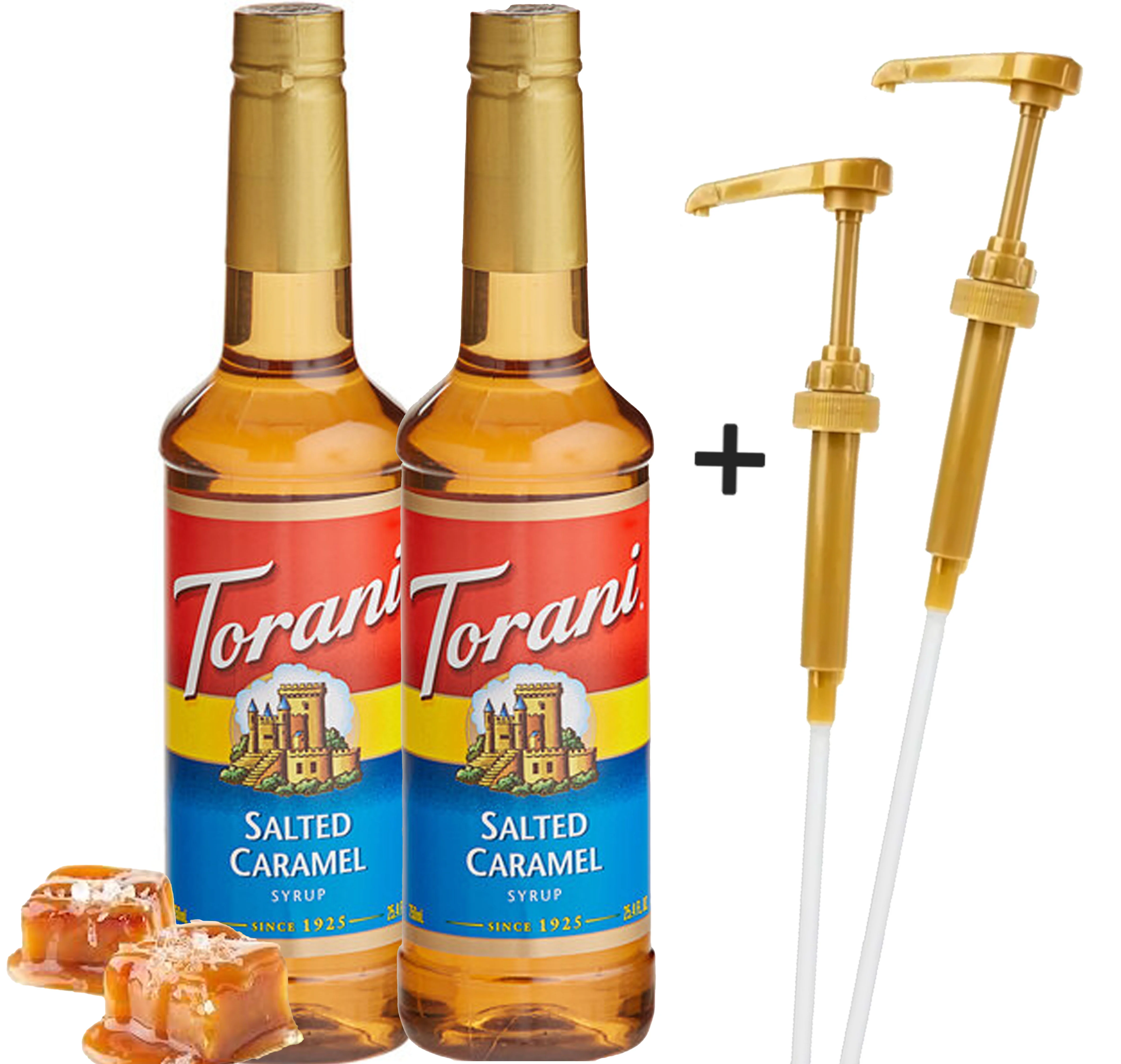 Torani Salted Caramel Flavoring Syrup 24.5 oz (750 mL) Plastic Bottle + Gold Syrup Pump l Pack of 2