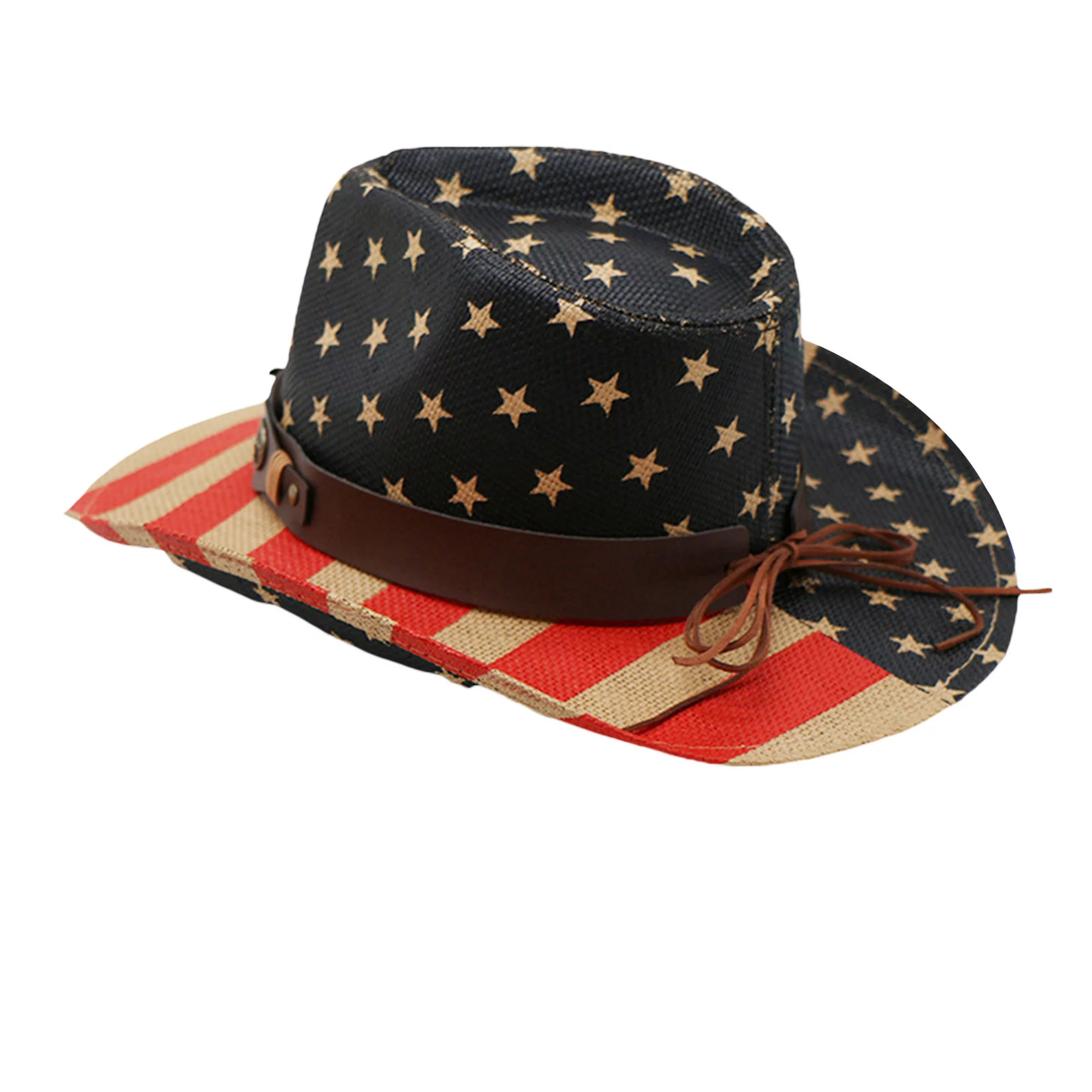 Sprifallbaby Men’s Cowboy Hat Vintage Wide Brim Stars and Stripes Patriotic Hat Summer Western Hat