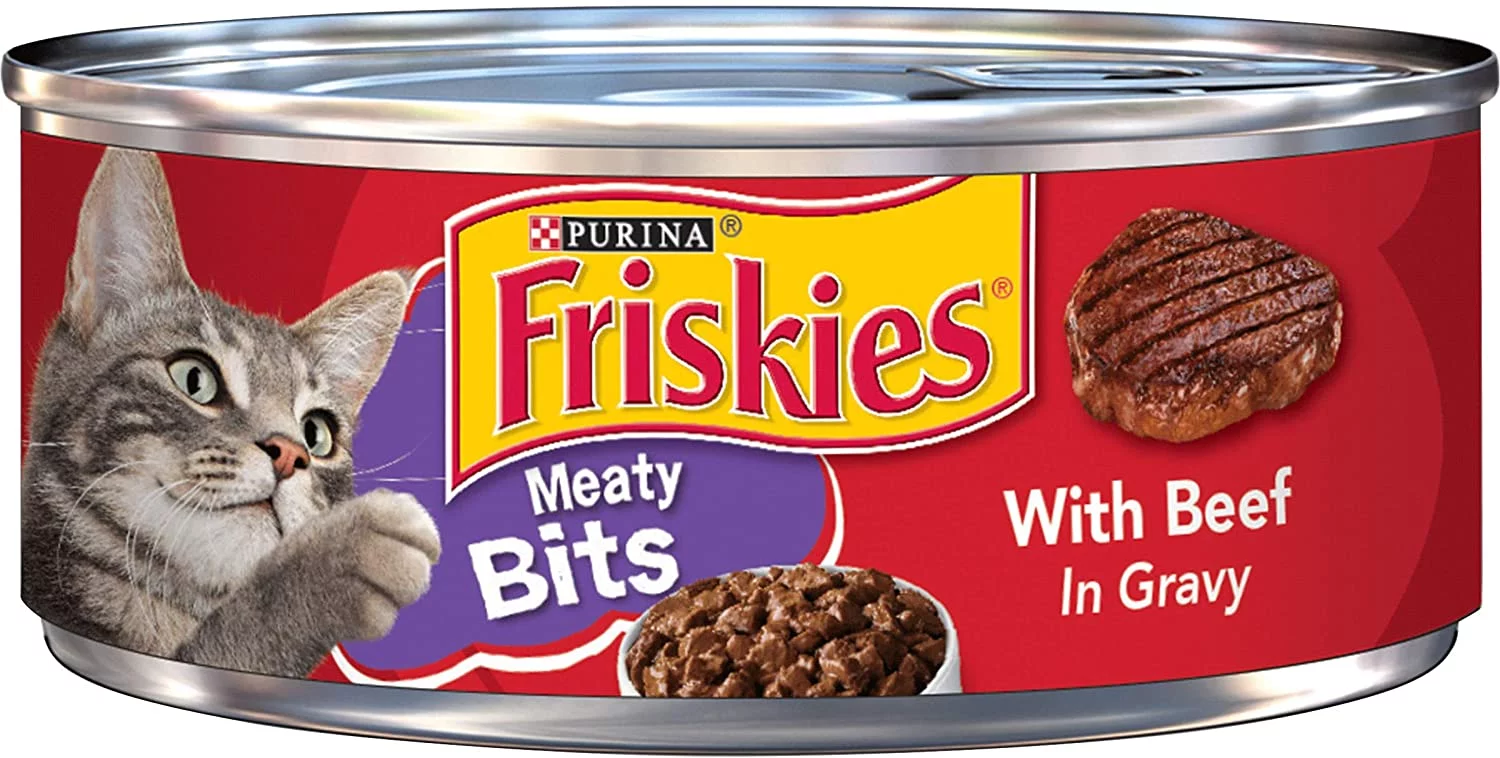 Purina Friskies Meaty Bits Wet Cat Food, With Beef in Gravy, Made with Real Beef, Canned Wet Cat Food for Adult Cats, 5.5-Ounce Can (Pack of 24 Cans)
