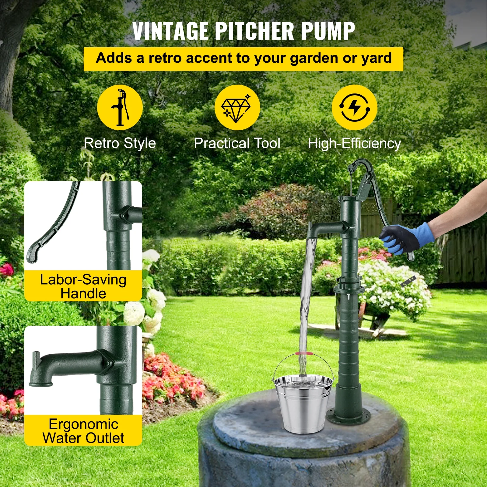 BENTISM Antique Hand Water Pump Pitcher Pump Cast Iron for Yard Ponds Garden Green