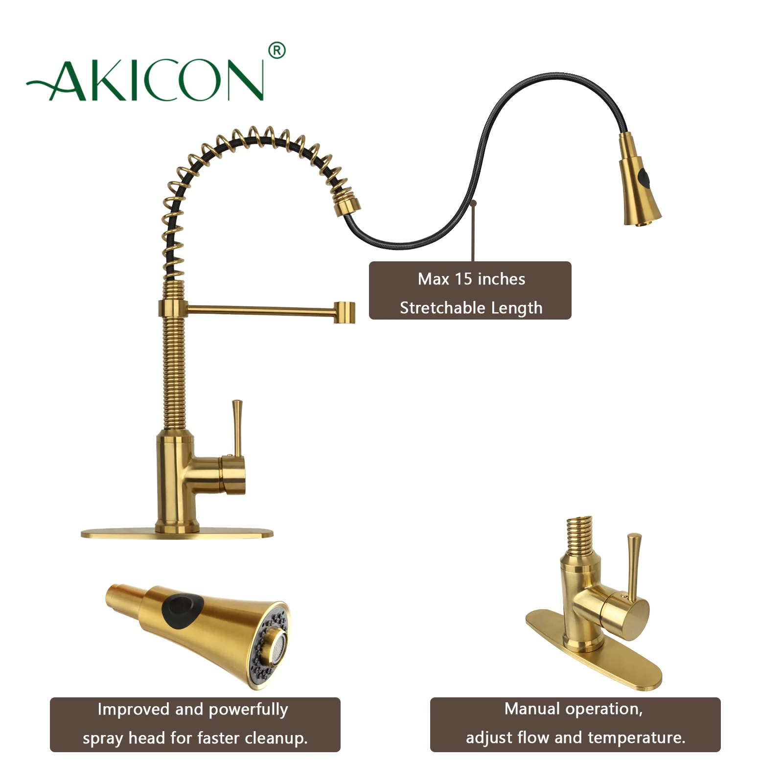 Akicon Pre-Rinse Spring Kitchen Faucet , Single Handle Solid Brass High Arc Pull Down Sprayer Head Kitchen Sink Faucet with Deck Plate - Brushed Gold