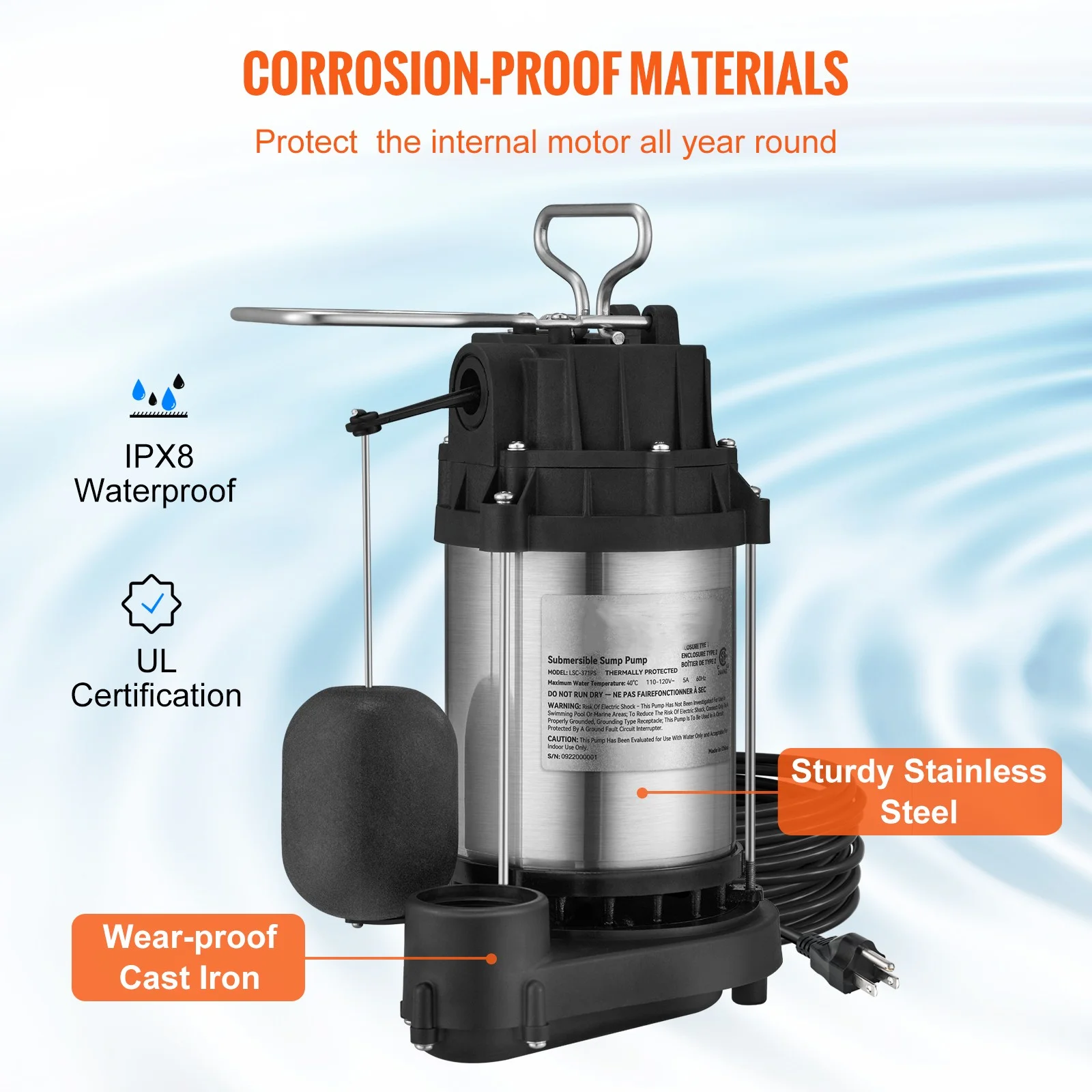 BENTISM Submersible Sump Pump Water Pump 1/2 HP 4320GPH Cast Iron Steel Basement