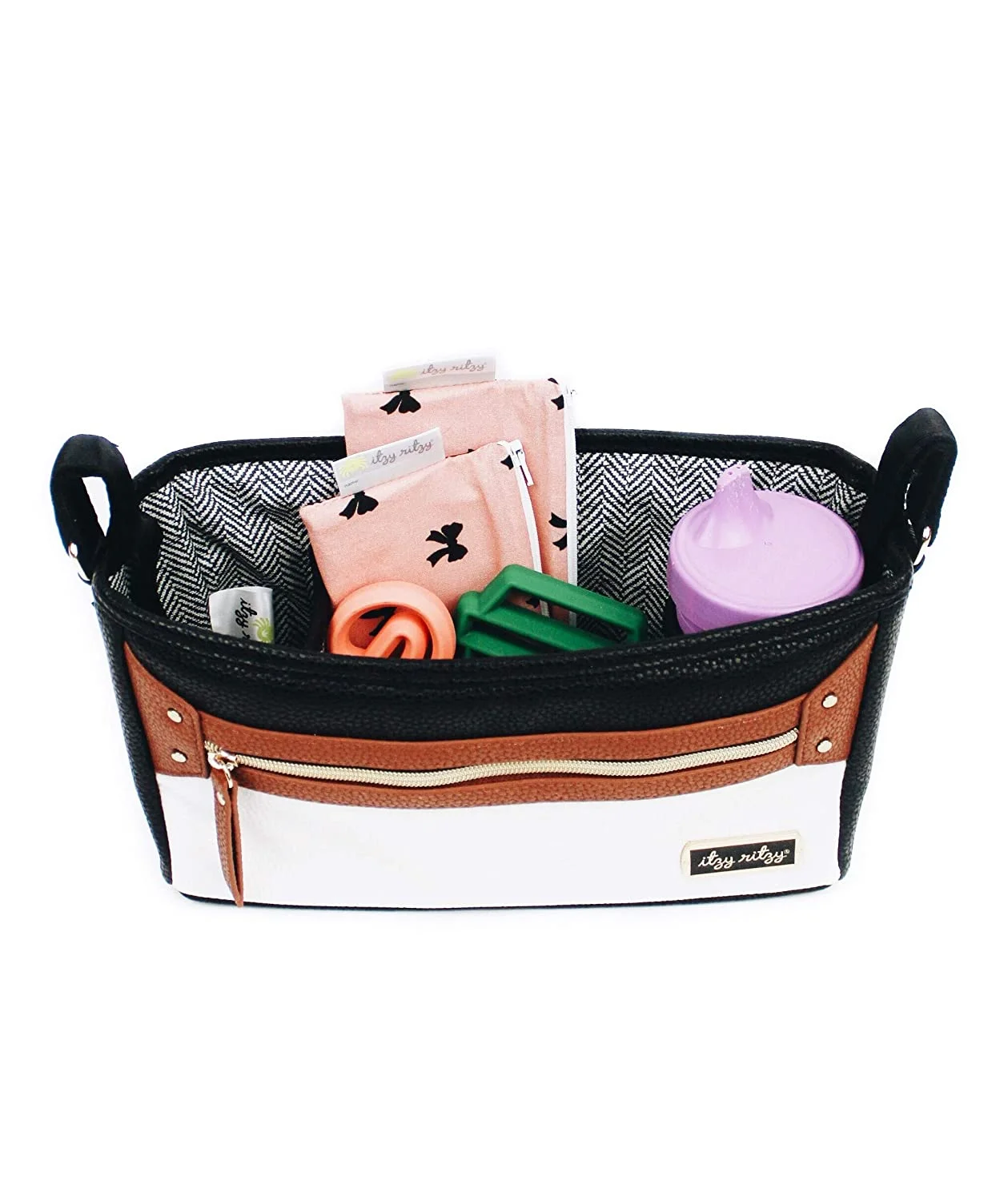 Itzy Ritzy Adjustable Stroller Caddy / Organizer - Stroller Organizer Bag Featuring Front Zippered Pocket, 2 Built-In Interior Pockets & Adjustable Straps to Fit Nearly Any Stroller (Coffee and Cream) Coffee & Cream