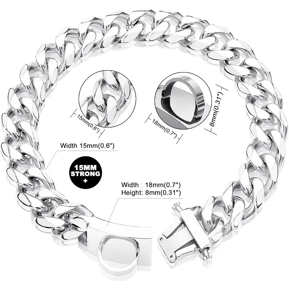 Silver Chains Choker Cuban Link Necklace Dogs Collar Large Medium Bulldog Rottweilers