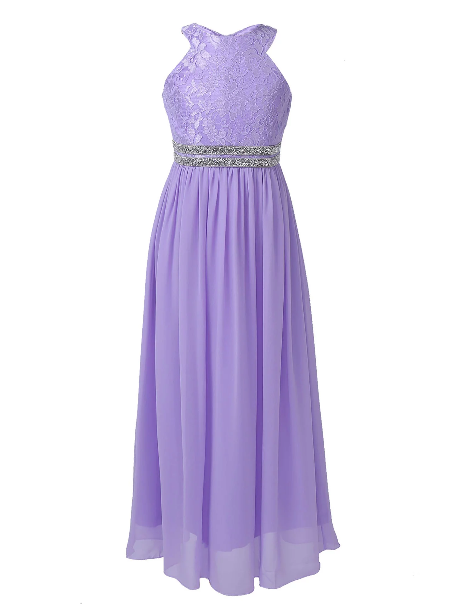 Aislor Kids Lace Flower Girls Dress Sequins Halter Chiffon Dress Long Maxi Junior Bridesmaid
