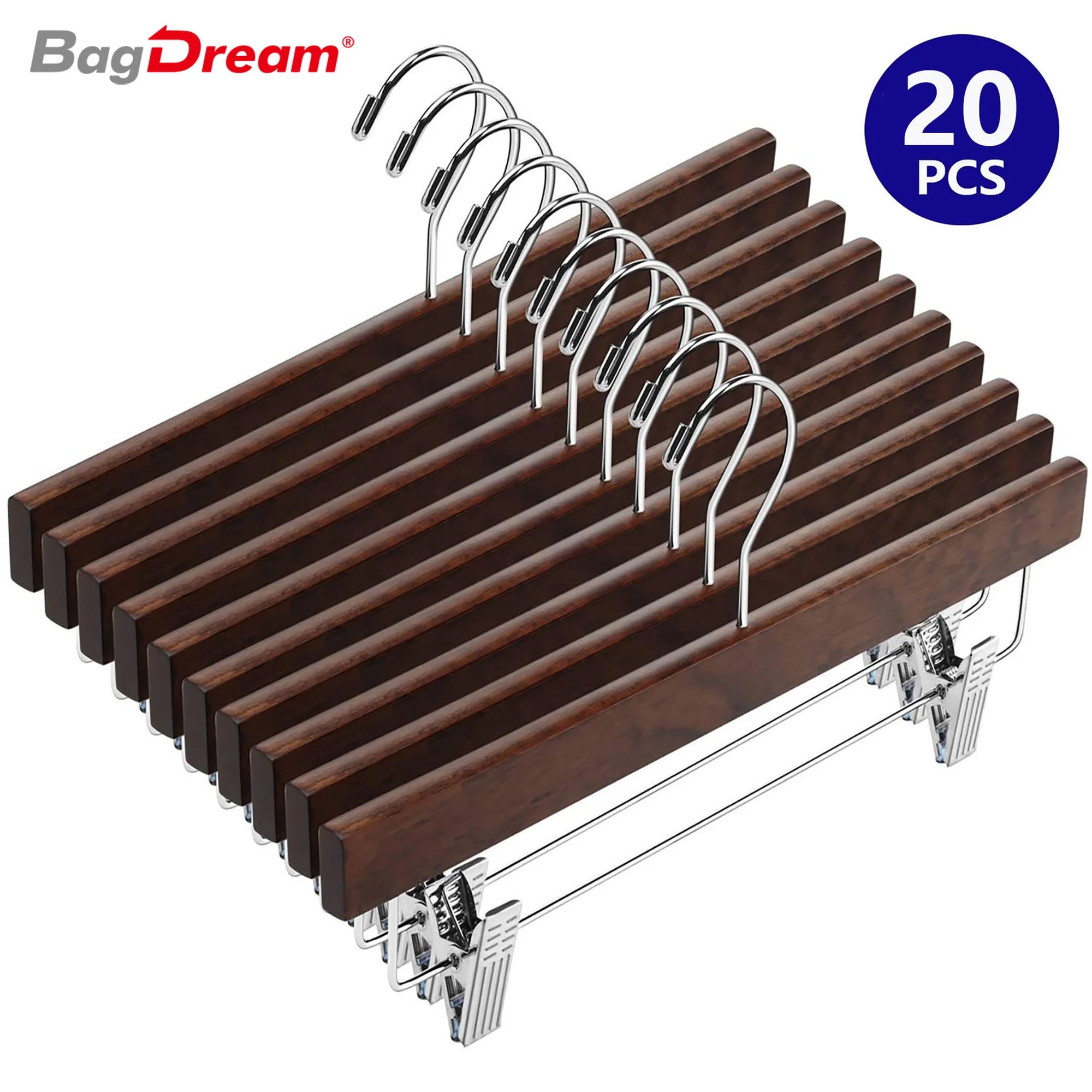 BagDream 20 Pack Wooden Pants Hangers 14 Inch Walnut Wood Skirt Hangers Trousers Bottom Hangers with Clips Anti Rust Hook