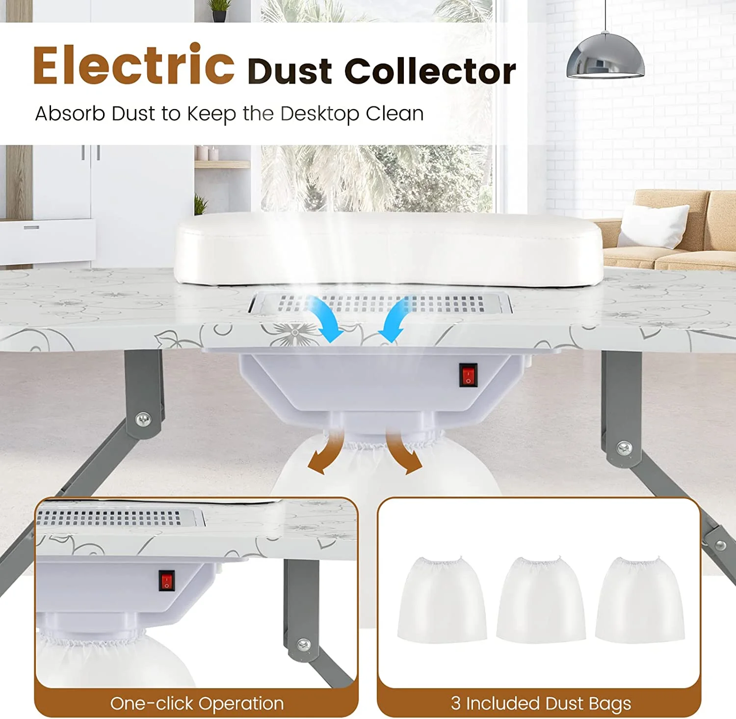 YiSHOP Nail Table for Nail Tech, Portable Manicure Table with Electric Dust Collector, USB-Plug LED Lamp, Wrist Rest, 4 Lockable Wheels, Foldable Nail Desk with Carry Bag (Black)