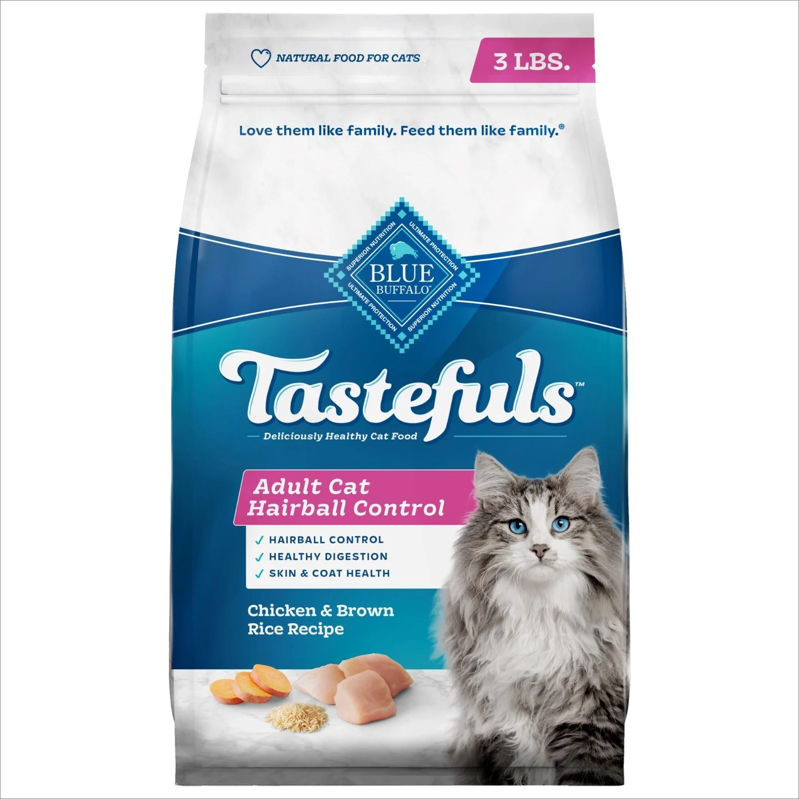 Blue Buffalo Tastefuls Adult Dry Cat Food for Hairball Control, Chicken & Rice, 3-lb. Bag