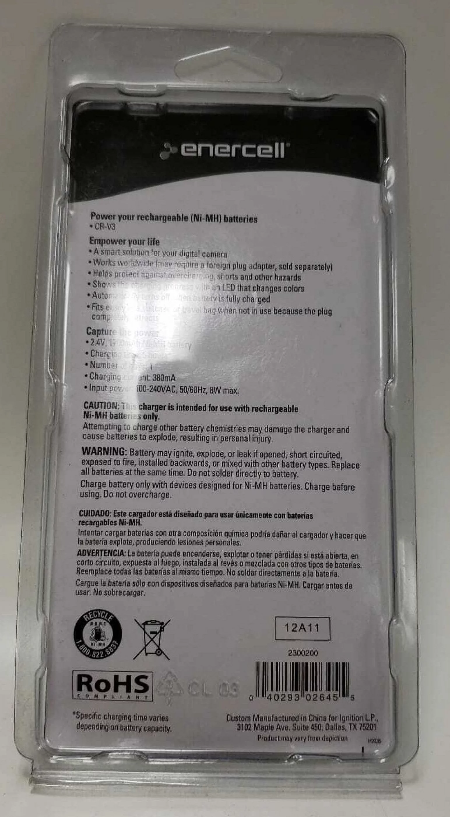 Enercell CR-V3 Ni-MH Battery and Battery Charger (2.4V, 1700mAh)