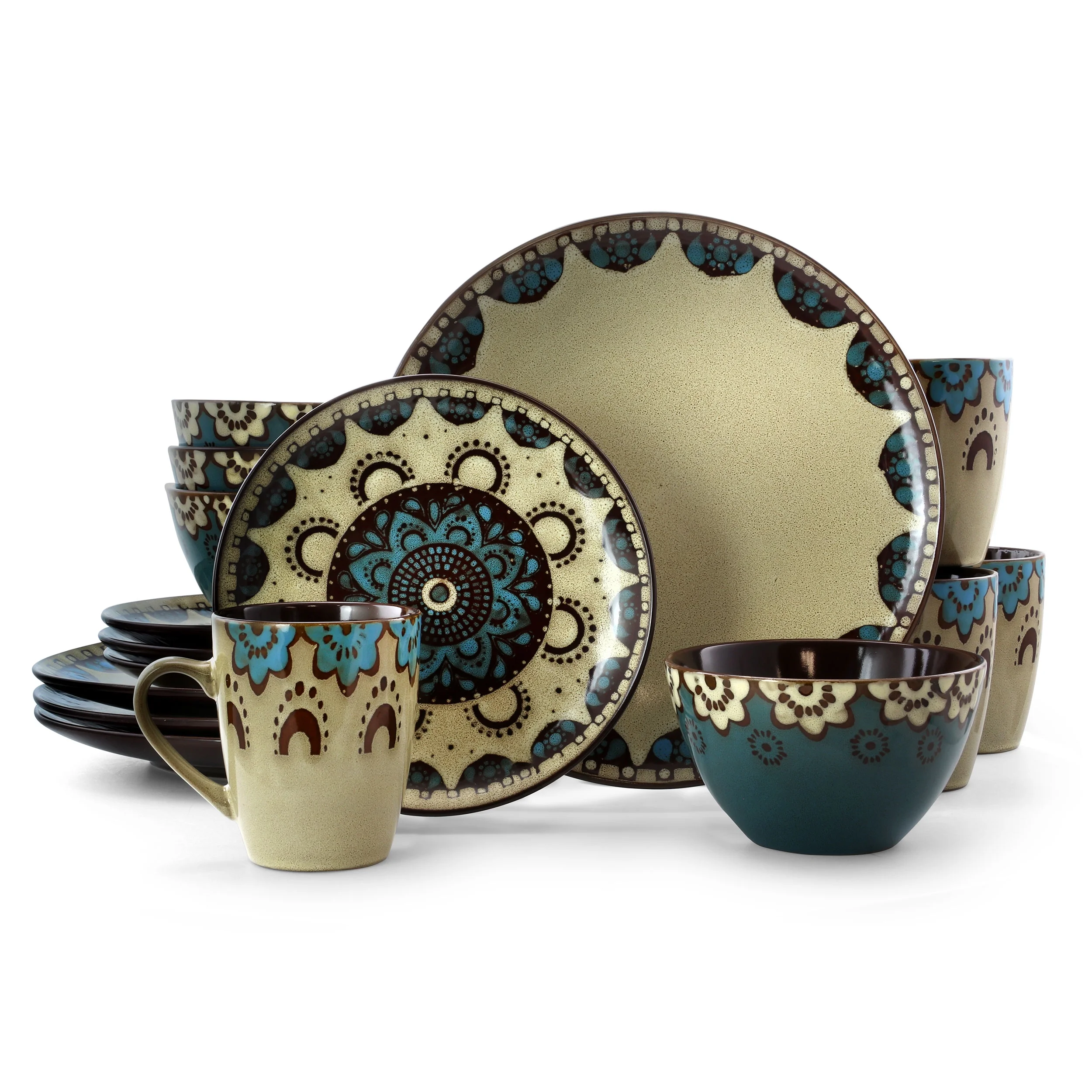 Elama Clay Hart 16 Piece Round Stoneware Dinnerware Set in Tan and Blue