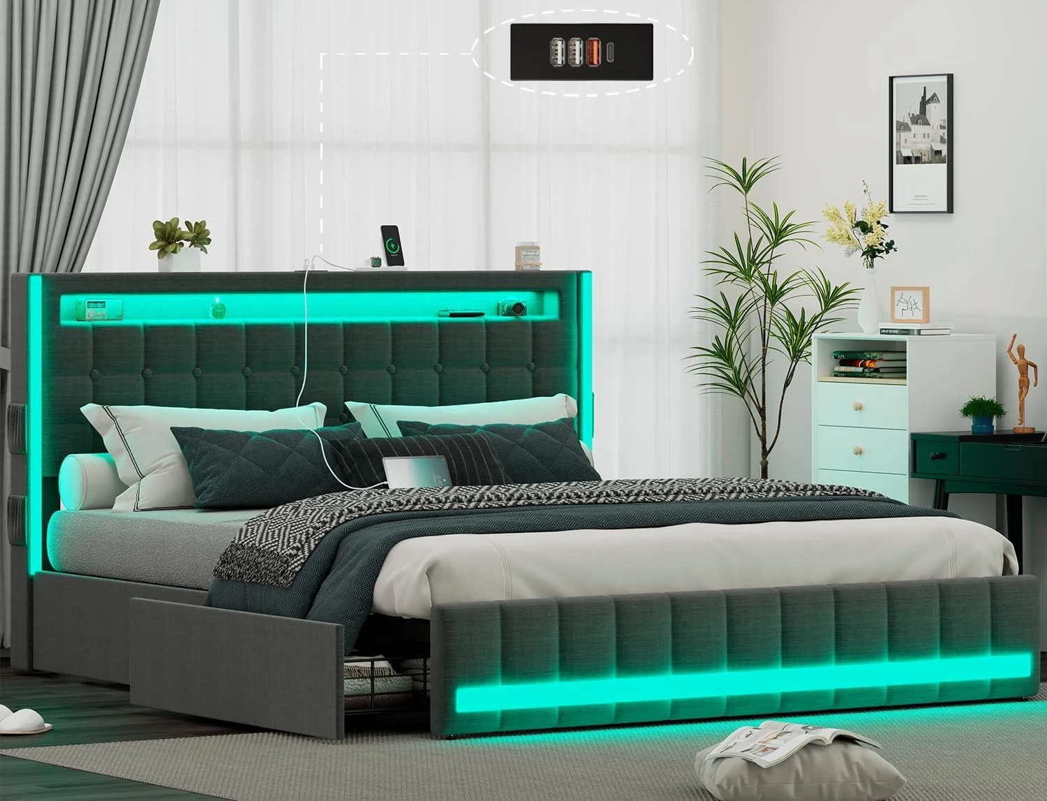 Full Size Bed Frame with 4Storage Drawers,RGB LED Light,Charging Station