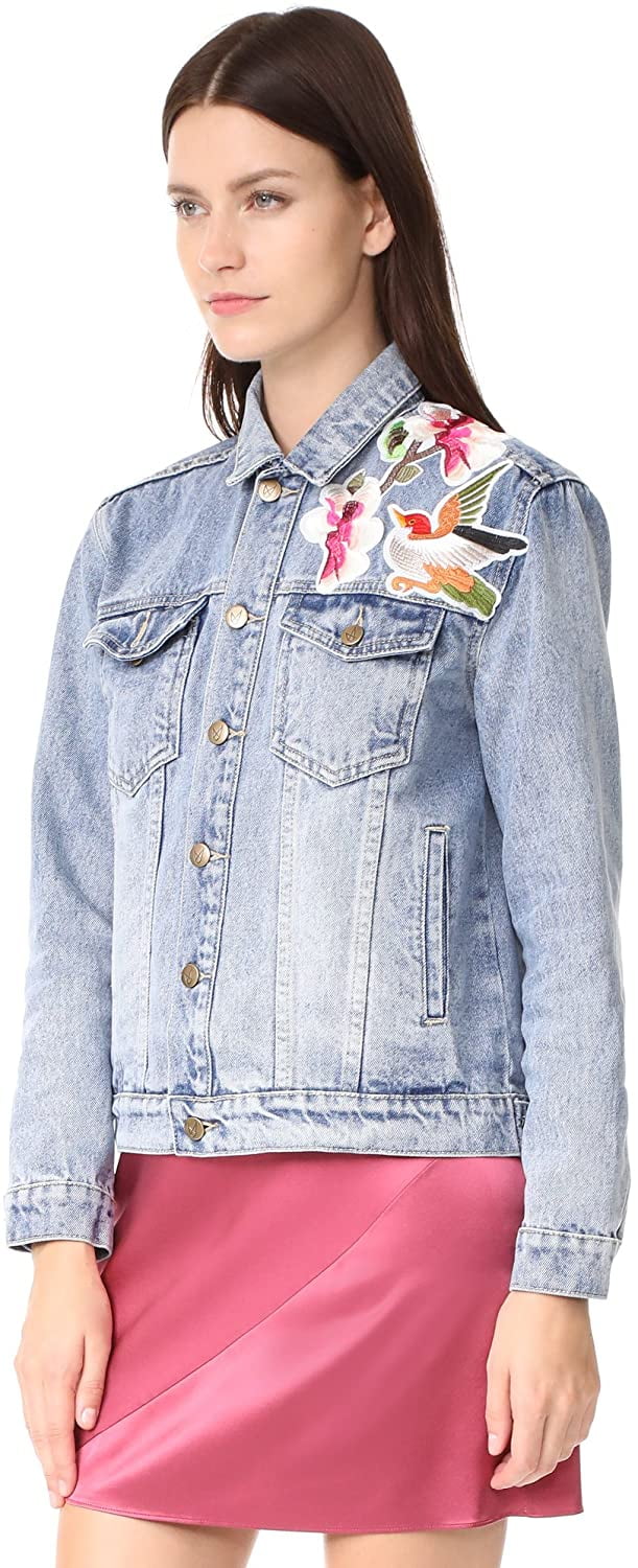 MinkPink Womens Patched Denim Jacket, Blue, Large