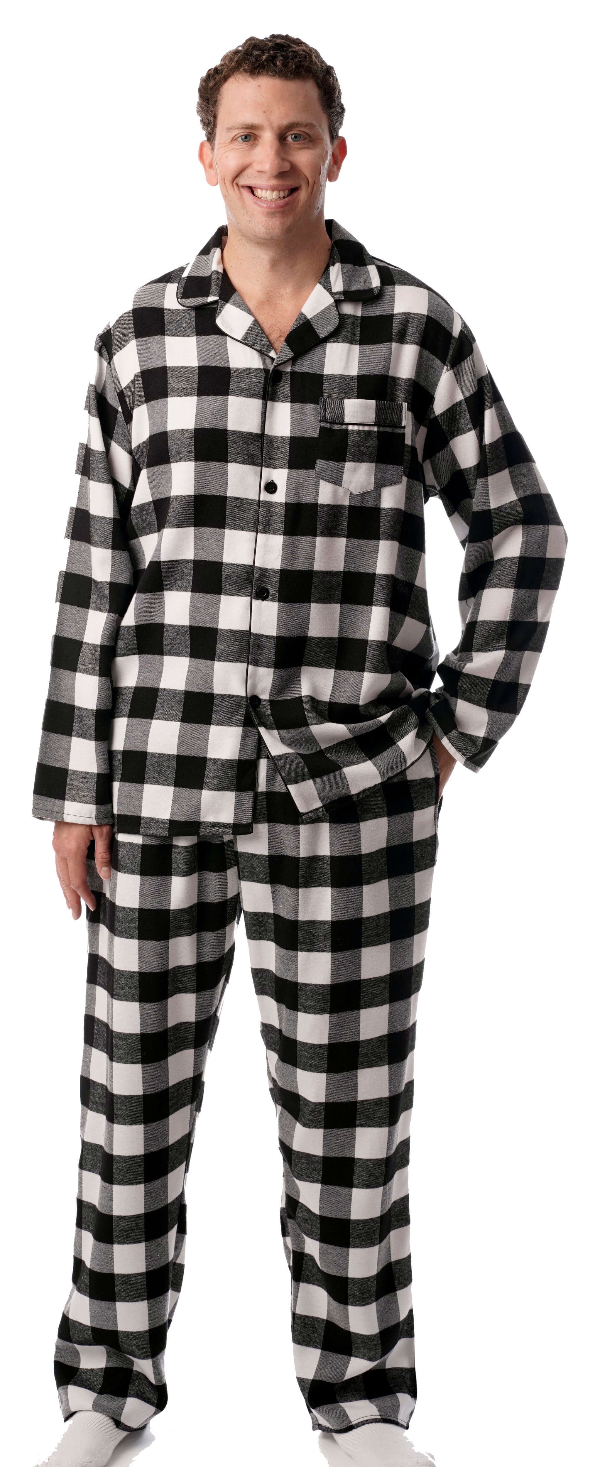#followme Mens Plaid Button Front Flannel Pajamas Set (Large, Black / White - Buffalo Plaid)