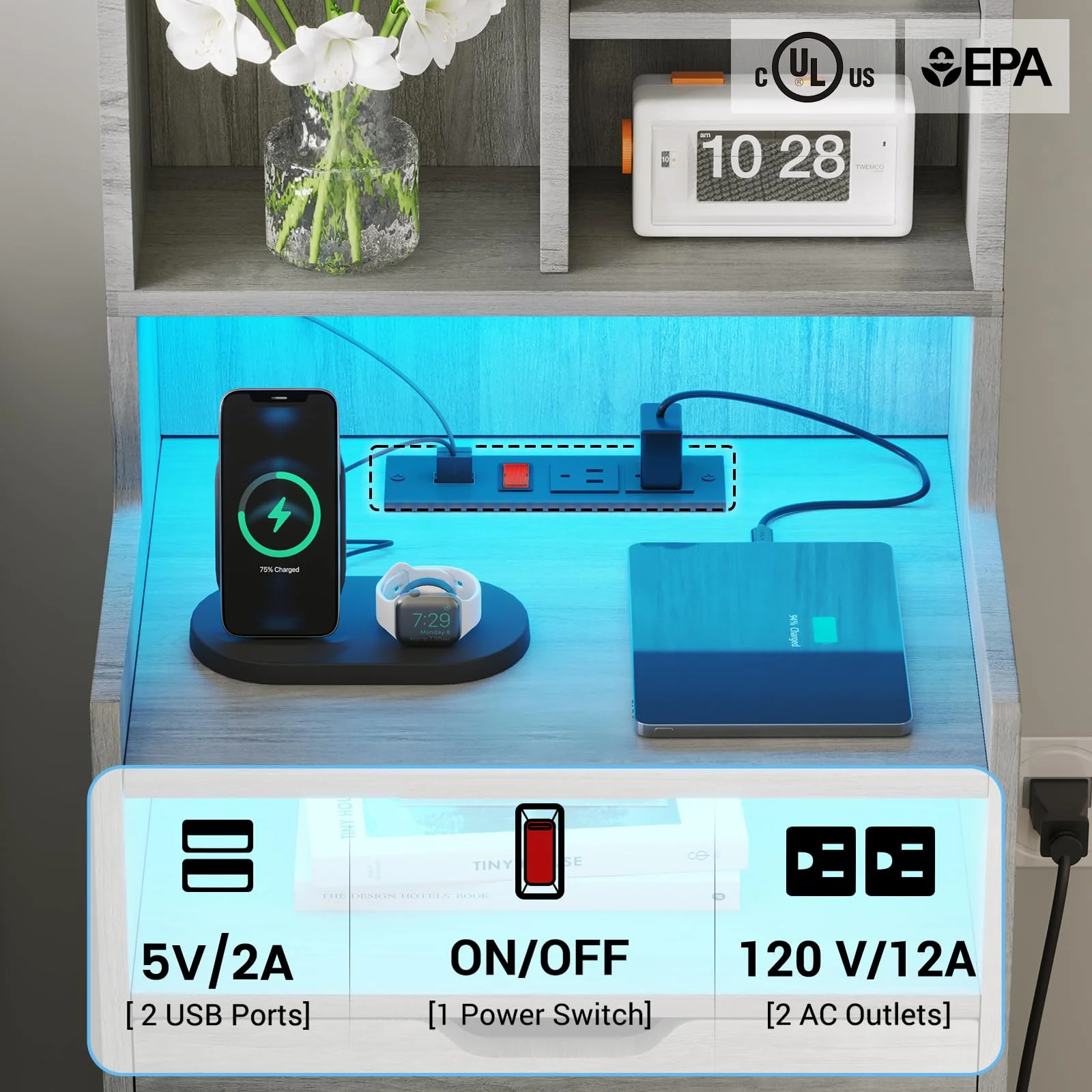 Afuhokles Night Stand with Charging Station and LED Lights, Tall Bedside Table with Drawers, Grey