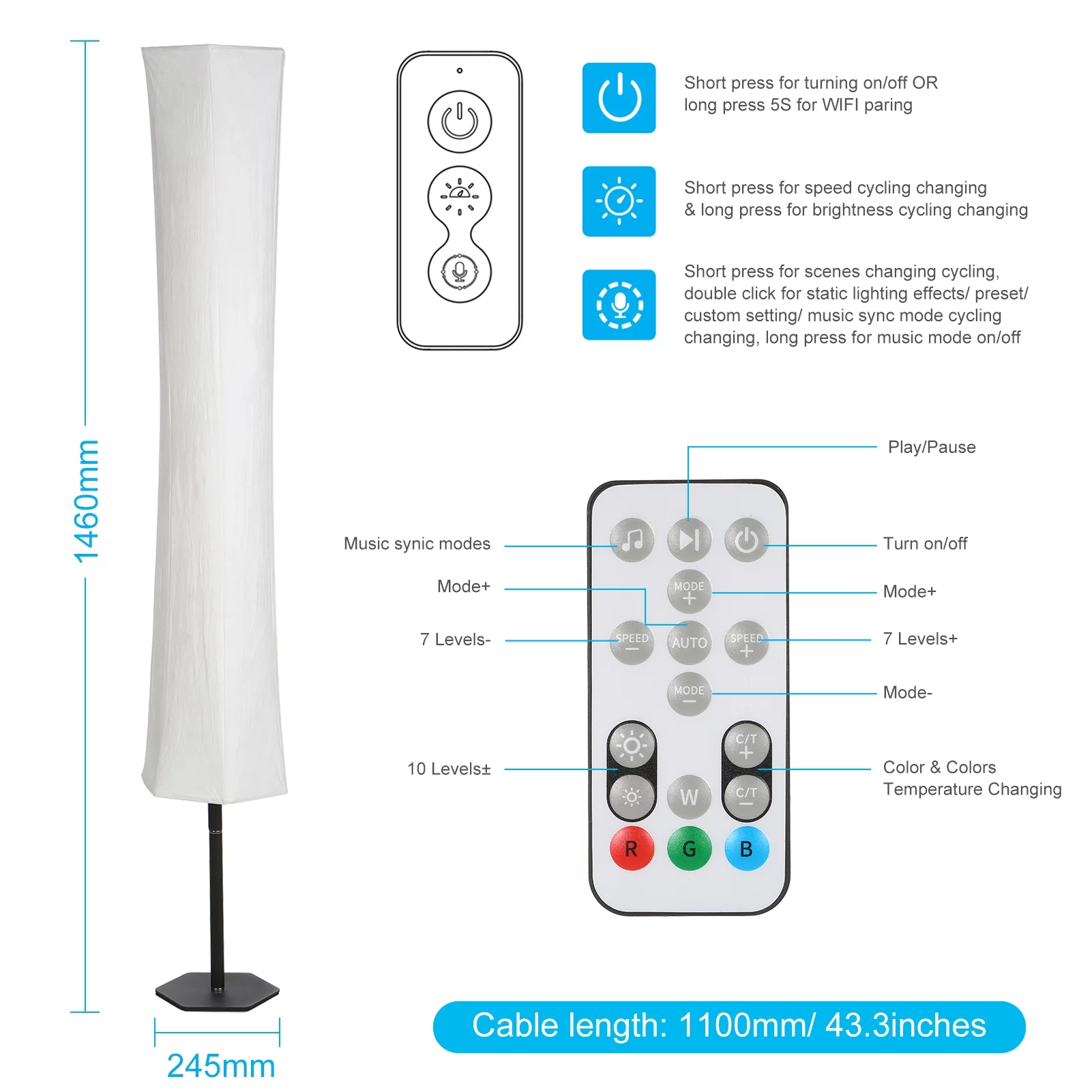Floor lamp,Mode/diy With And 32 Mode/ Diy Sync/ And Voice A C85-265v 11w Lamp Supported App Floor Lamp Mode/ Diy Study Room Cafe Voice 32 Diy Sync/ Ideal Various Scenes. Qisuo