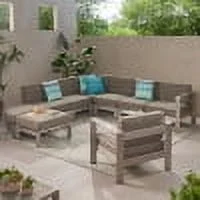 GDF Studio Crested Bay Outdoor Aluminum 6 Seater Sectional and Club Chair Set with Ottomans, Khaki and Silver