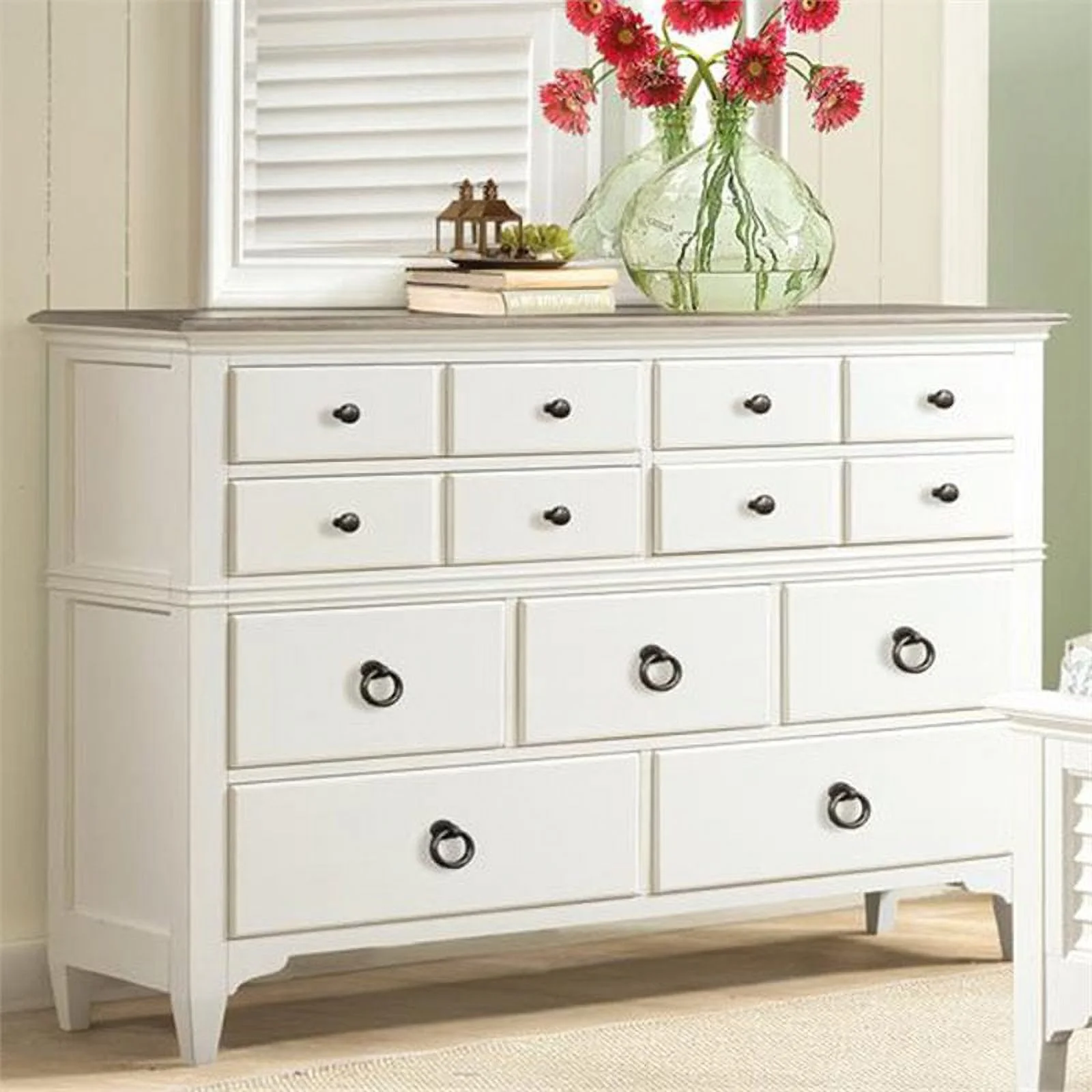 Bowery Hill Contemporary 9 Drawer Dresser in Natural and Paperwhite