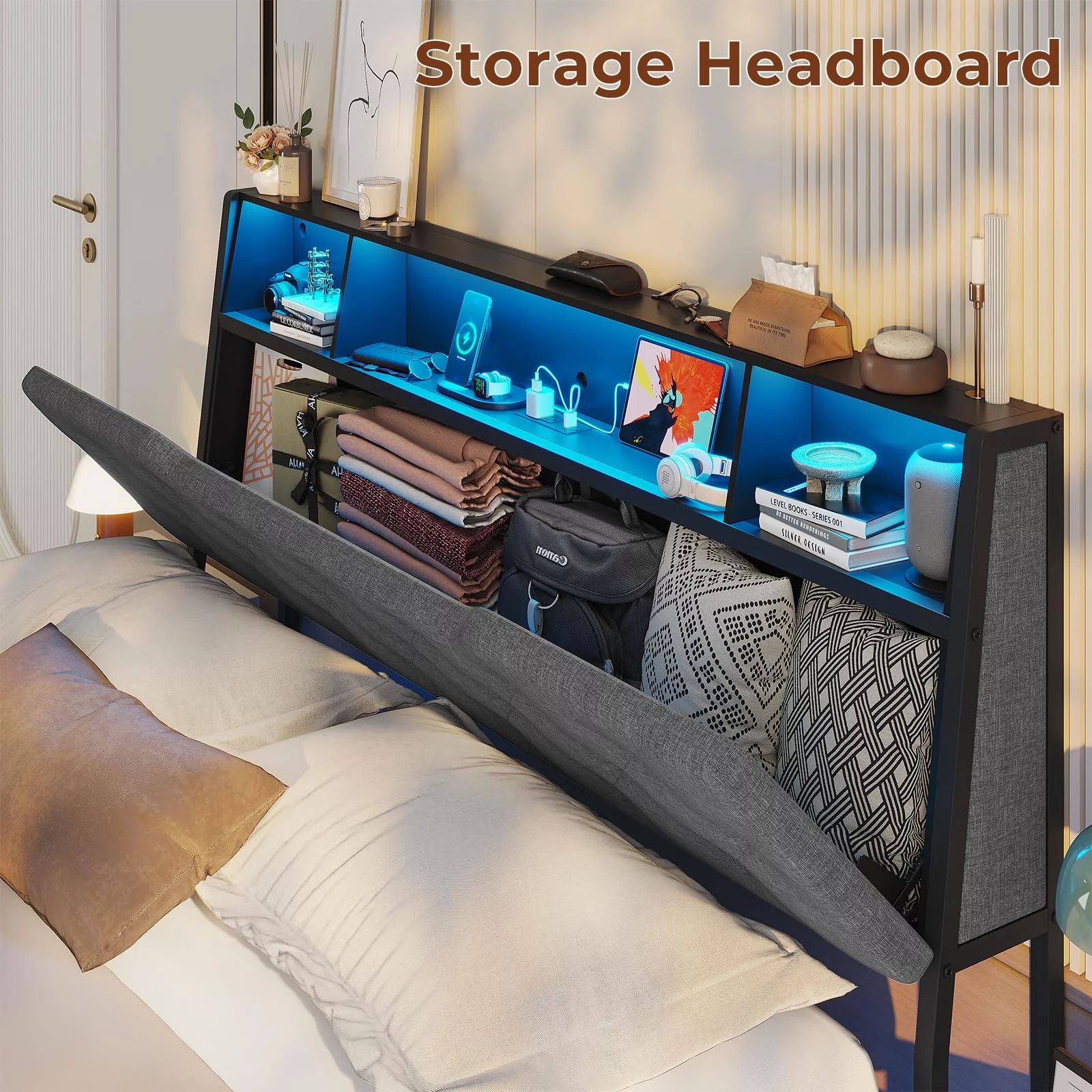 Afuhokles Full Bed Frame with Charging Station, Headboard Storage and 2 Drawers LED Lights, Dark Gray