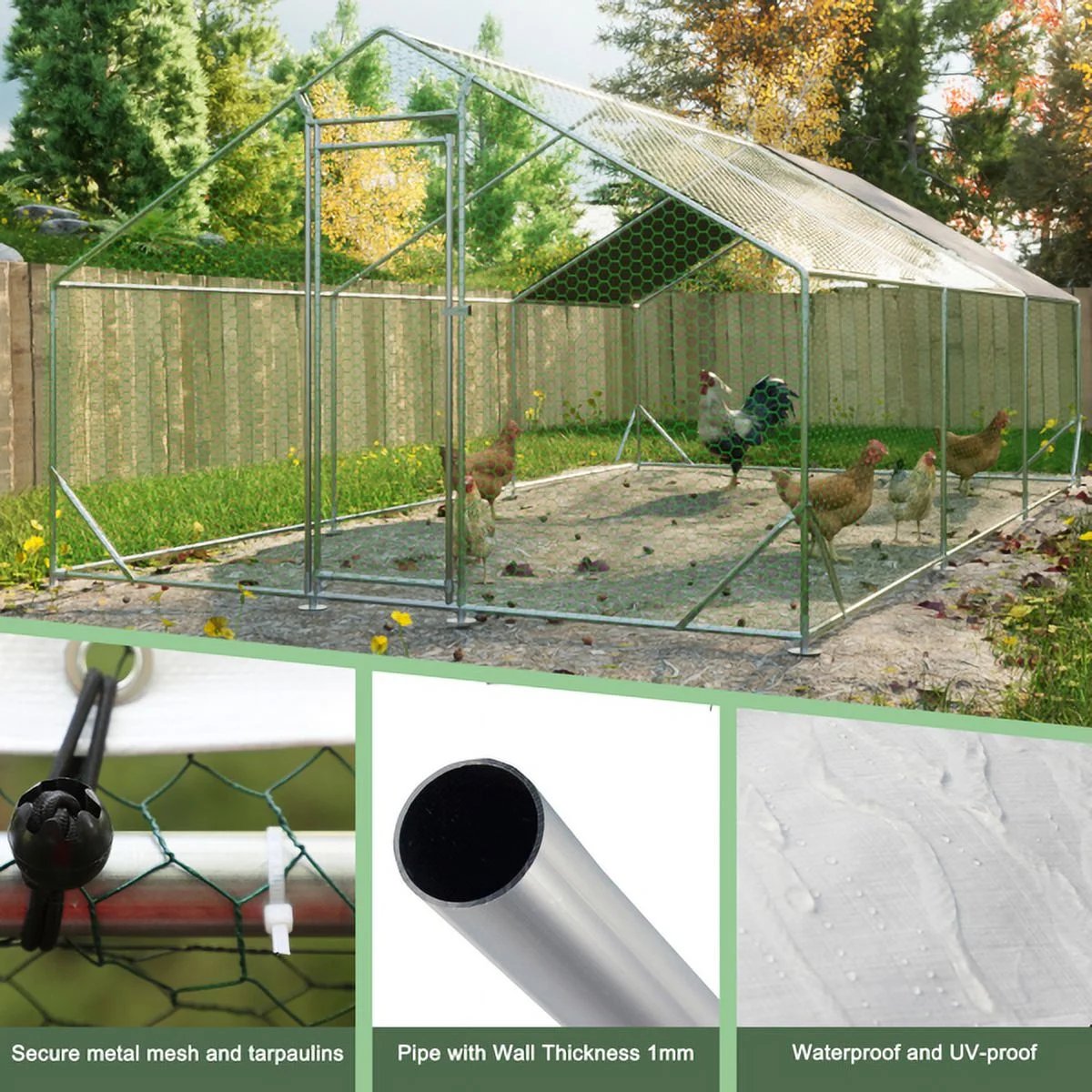 10 x 20 ftOutdoor Large Metal Chicken Run Coop with 1 piece of Waterproof Cover, Garden Backyard Walk-in Hen Cage Poultry Pet Hutch for Farm Use