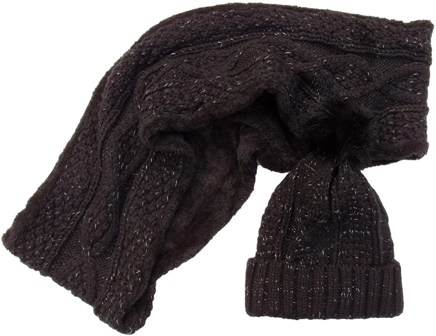 2 Piece Black Women Warm Winter Fleece Lined Knitted Matching Beanie Cap Hat & Infinity Scarf