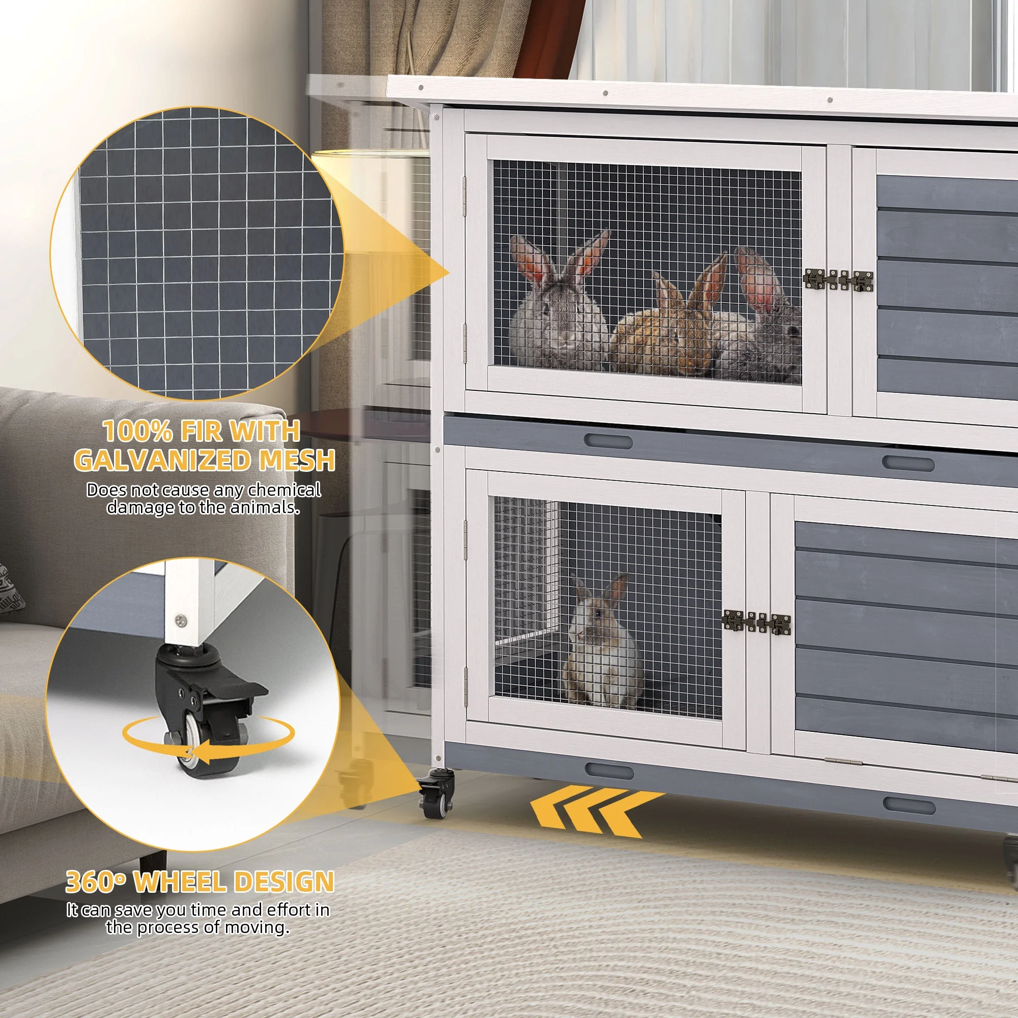 Dextrus Rabbit Hutch Bunny Cage Indoor Outdoor with Removable Tray and Wheels