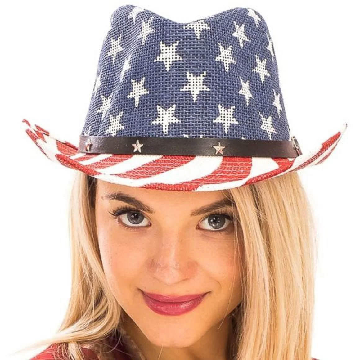 American Flag White Patterned Studded Toyo Straw Cowboy Style Hat 100% Straw