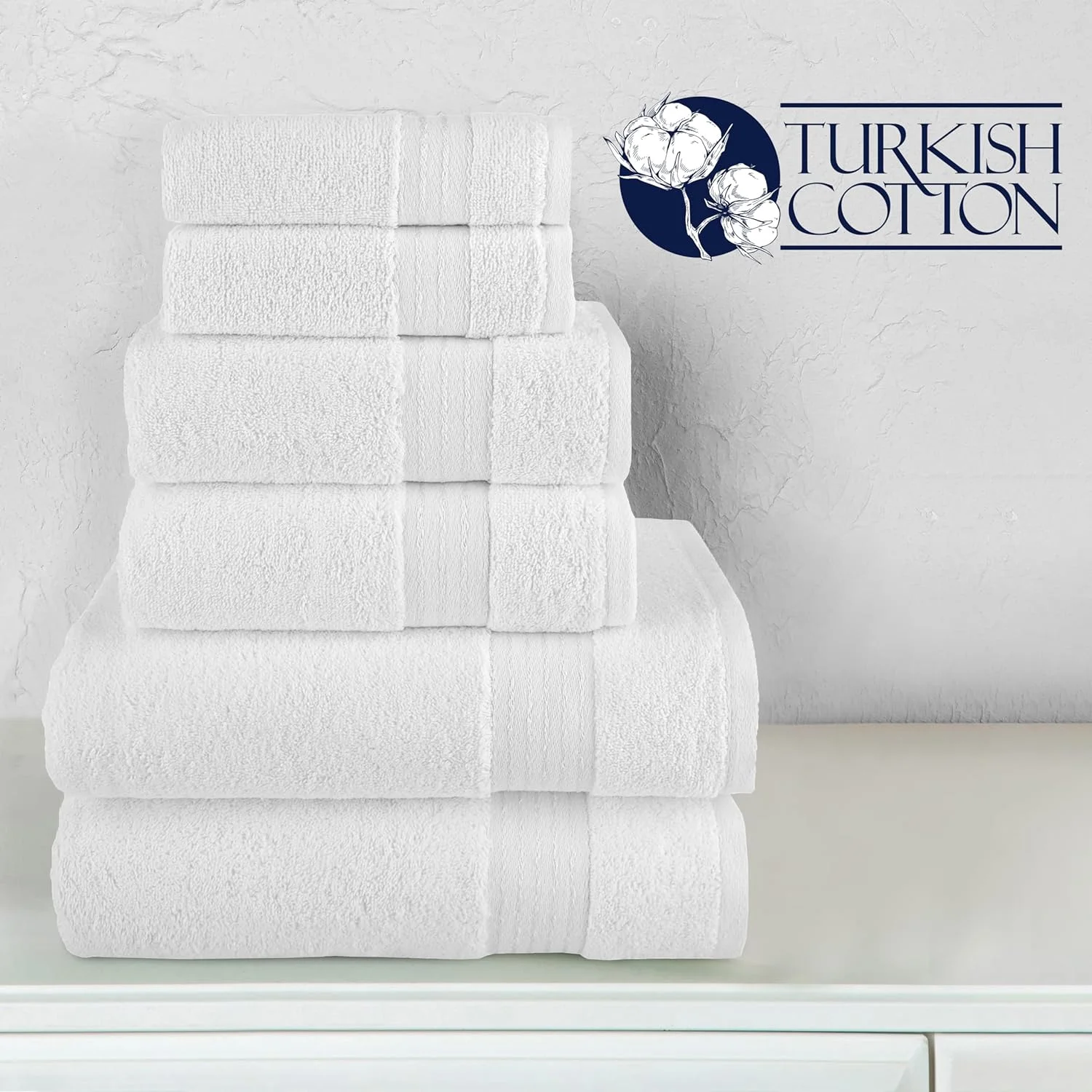 Holiday Gift Cotton 6-Piece Towel Set, Includes 2 Washcloths, 2 Hand Towels and 2 Bath Towels, 100% Turkish Cotton - Highly Absorbent and Super Soft Towels for Bathroom, White