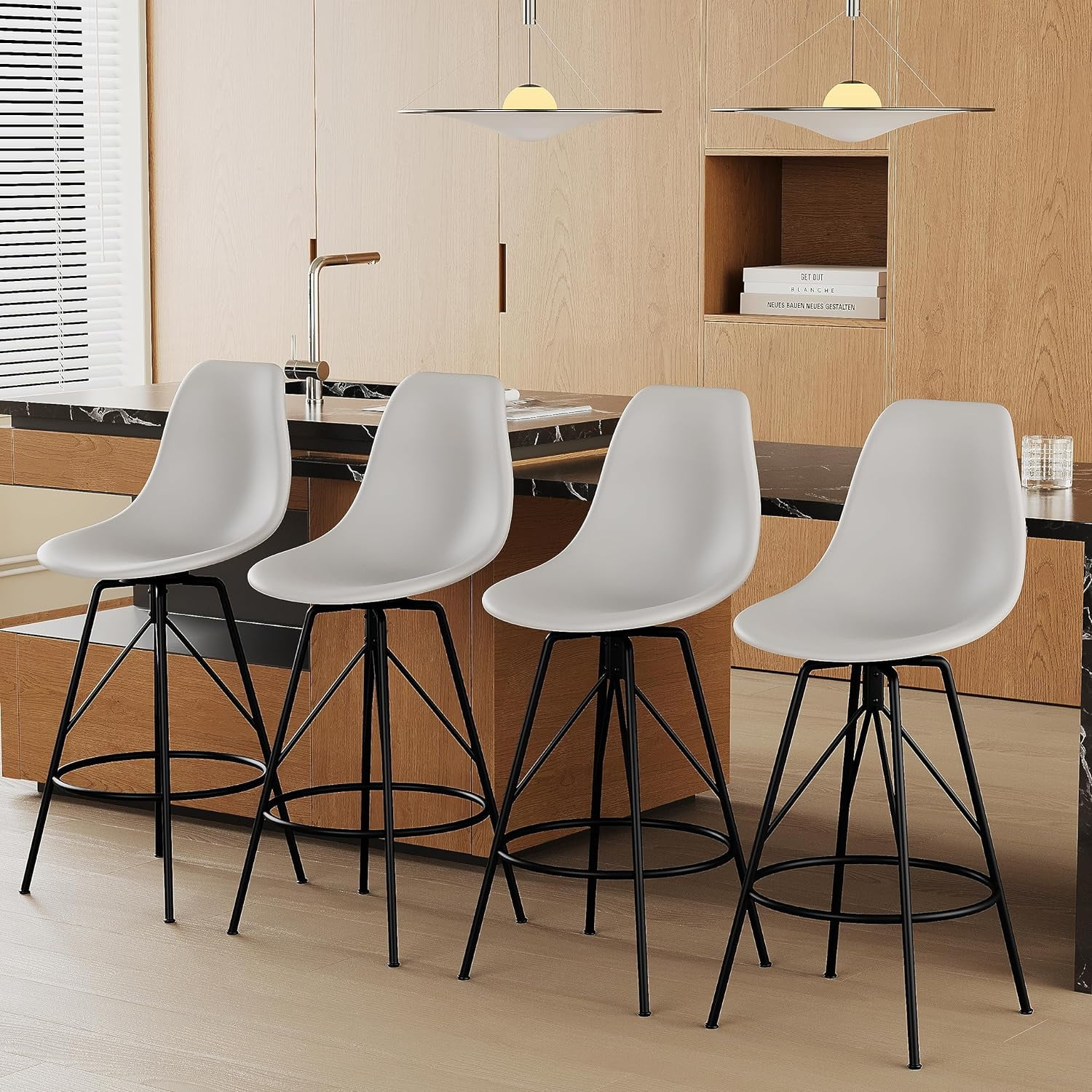 U-ToBe  30inch Mid Century Swivel Barstools Set of 4 with Back, Modern Counter Bar Height Stools Armless Bar Chairs Side Chair-White