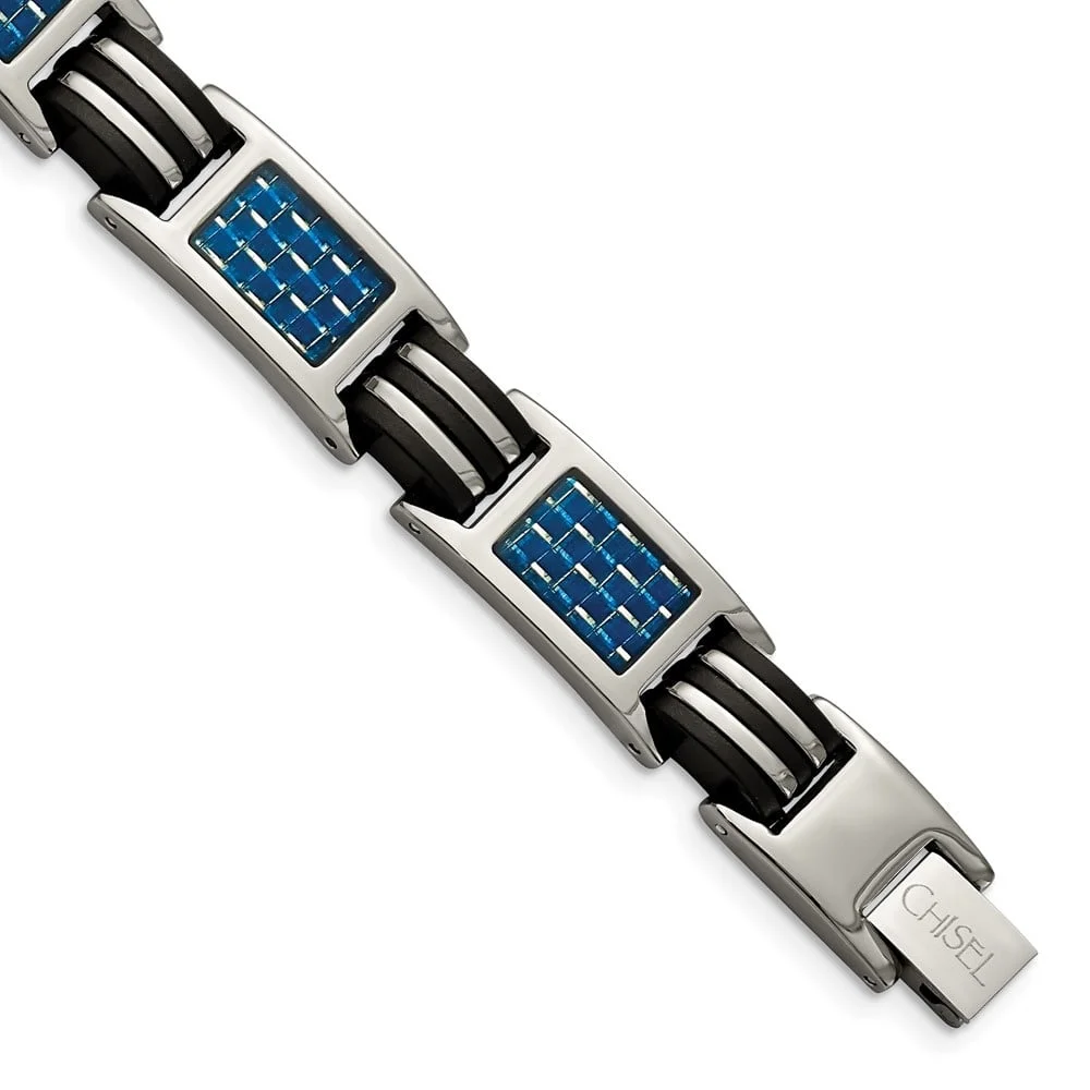 Auriga Titanium Polished with Blue Carbon Fiber Inlay and Rubber 8.5 inch Bracelet for Women