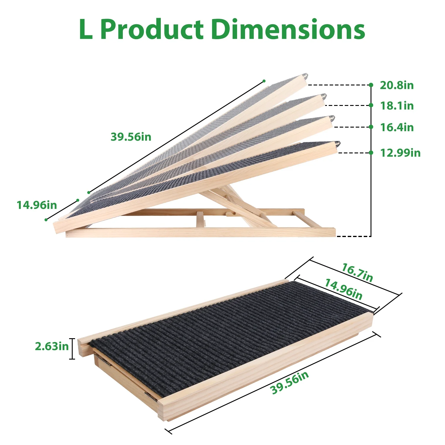 Adjustable Folding Wooden Pet Ramp, iMounTEK Portable Dog Cats Ramp for Bed and Car, Non Slip Dog Ramp with 2 Levels Height Adjustable for Couch Car SUV, Up to 61LBS Load - L