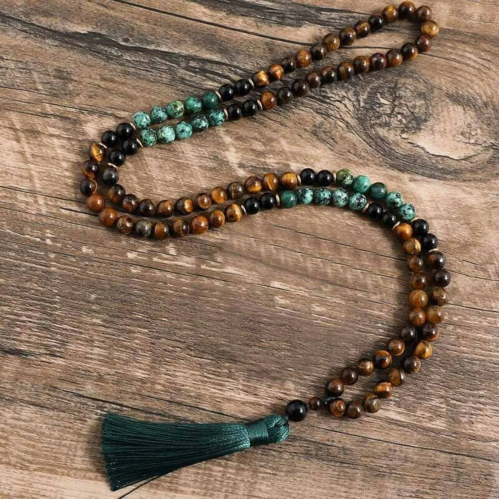 Tiger's Eye Turquoise 108 Mala Bead Prayer Tassel Healing Women Men Necklace