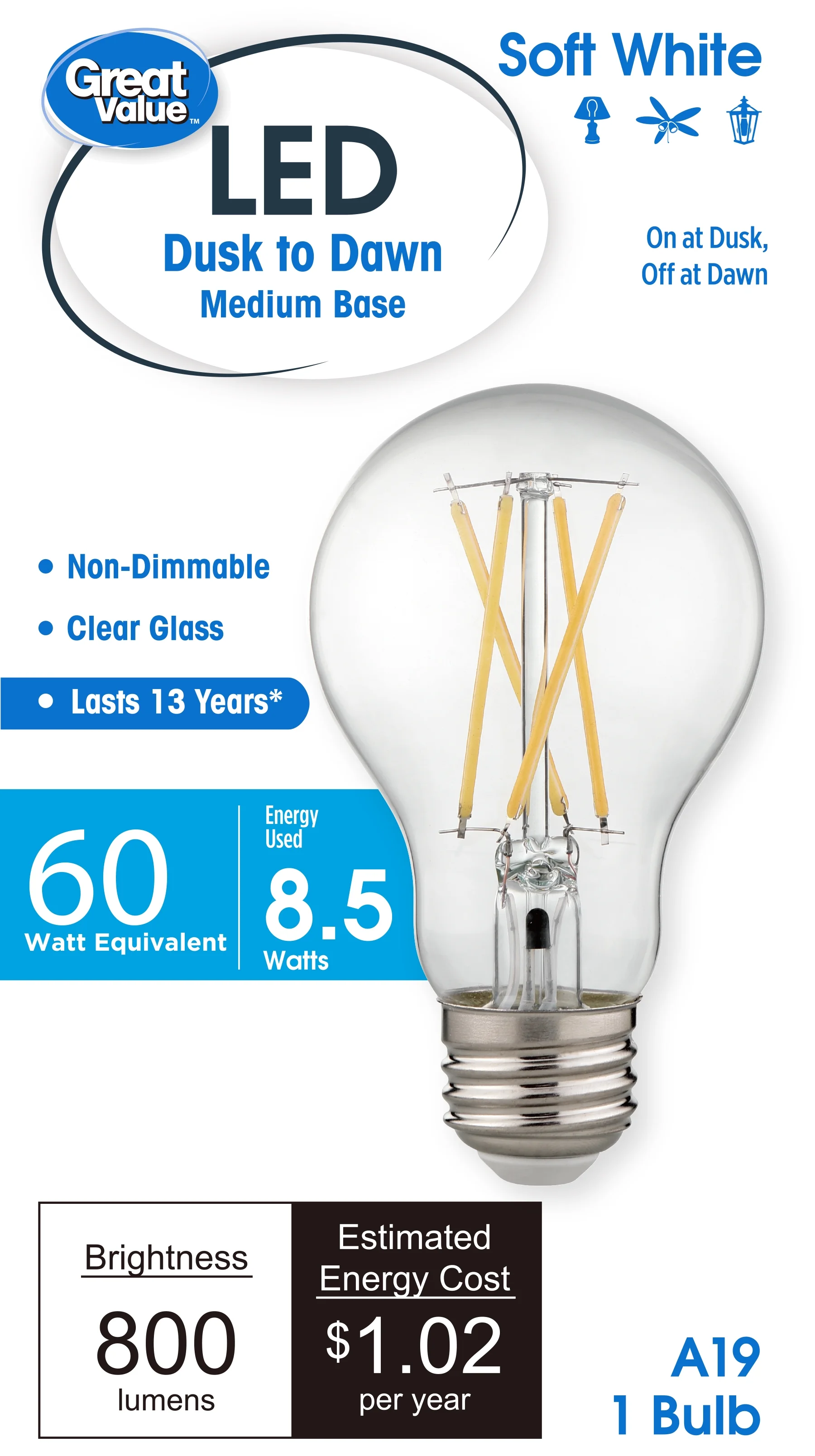 Great Value Light Bulb, Dusk to Dawn Auto ON/OFF, 8.5-Watt (60W Eqv.) A19 with E26 Base Soft White CA