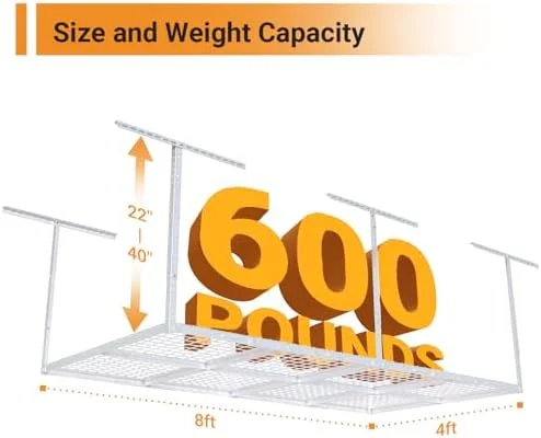 CHFBC 4ftx8ft Overhead Garage  Rack  Heavy-Duty Metal Garage Ceiling  Rack  22''-40" Adjustable Ceiling Drop-Down  600 lb. Loading Weight Capacity  Black