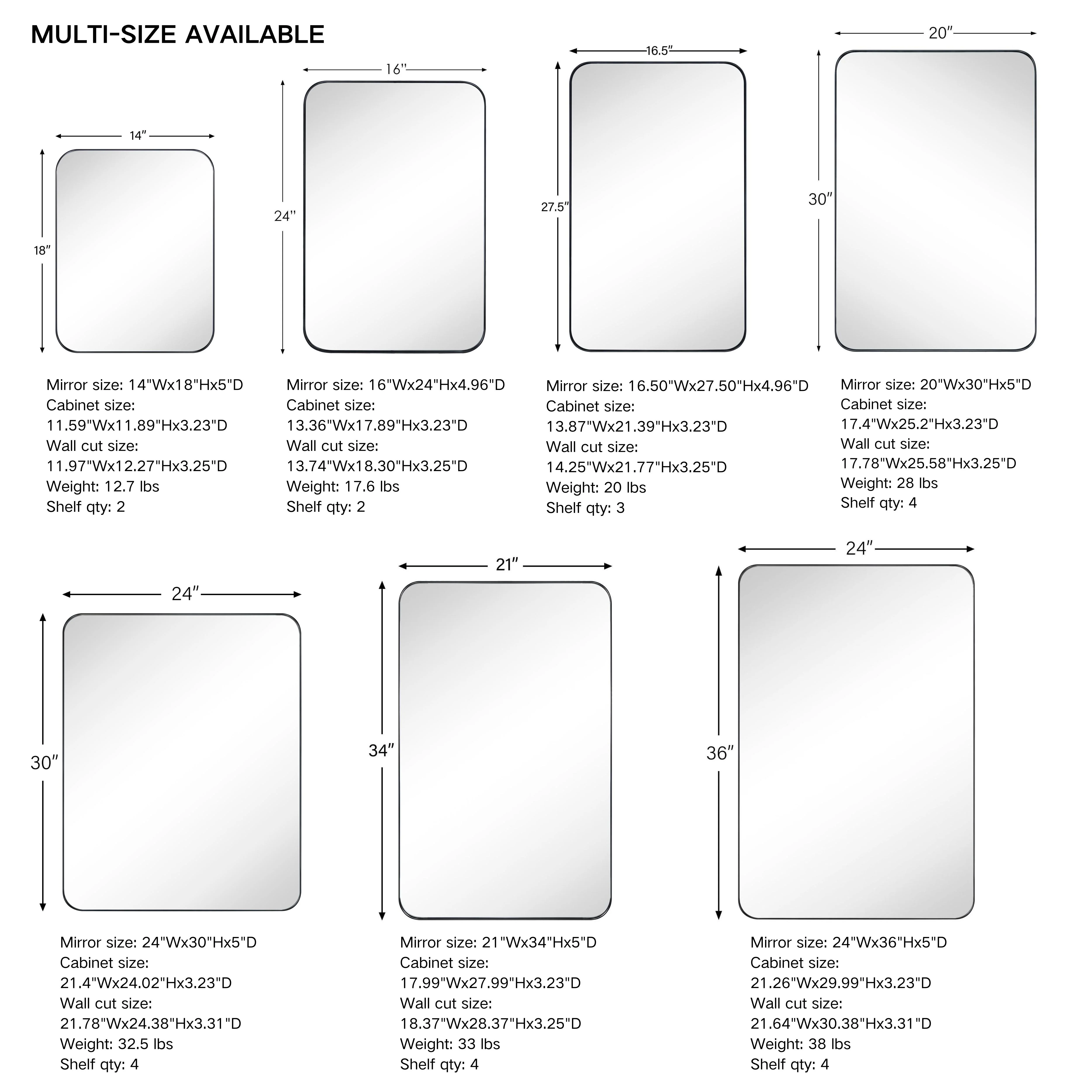 EGHOME Black Rectangle Recessed Bathroom Medicine Cabinet with Mirror Stainless Steel Metal Framed Rounded Rectangular Bathroom Cabinet with Mirror 16x24''