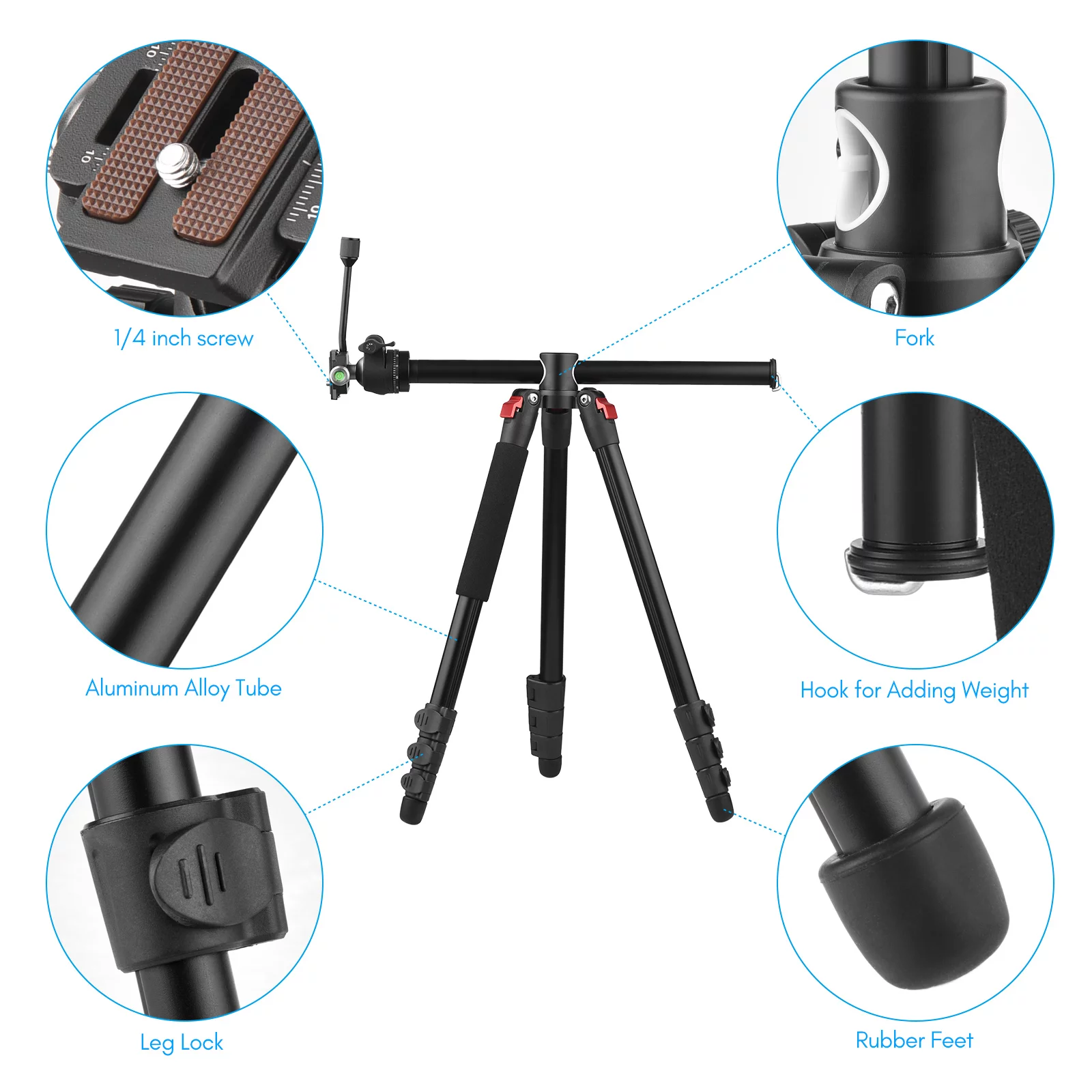 OWSOO Multi-functional Photography Tripod for 170cm/ 67in Horizontal Tripod Stand Aluminum Alloy  Rotatable Ball Head 10kg22lbs Load Capacity with Carry Bag