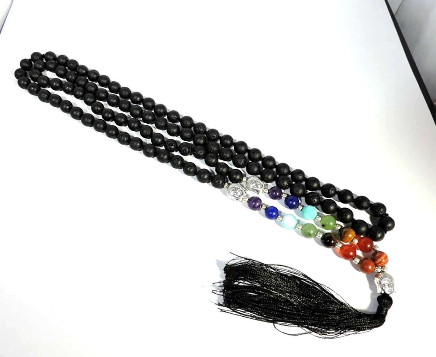 8mm Beaded Mala Tassel Mala Black Fossil Stone Silver Jewelry Beads Necklace