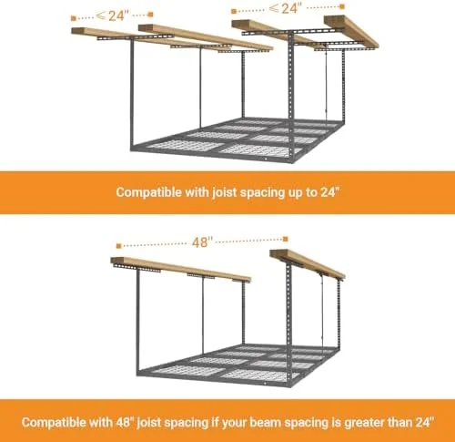 4ftx8ft Overhead Garage  Rack  Heavy-Duty Metal Garage Ceiling  Rack  22''-40" Adjustable Ceiling Drop-Down  600 lb. Loading Weight Capacity  Black