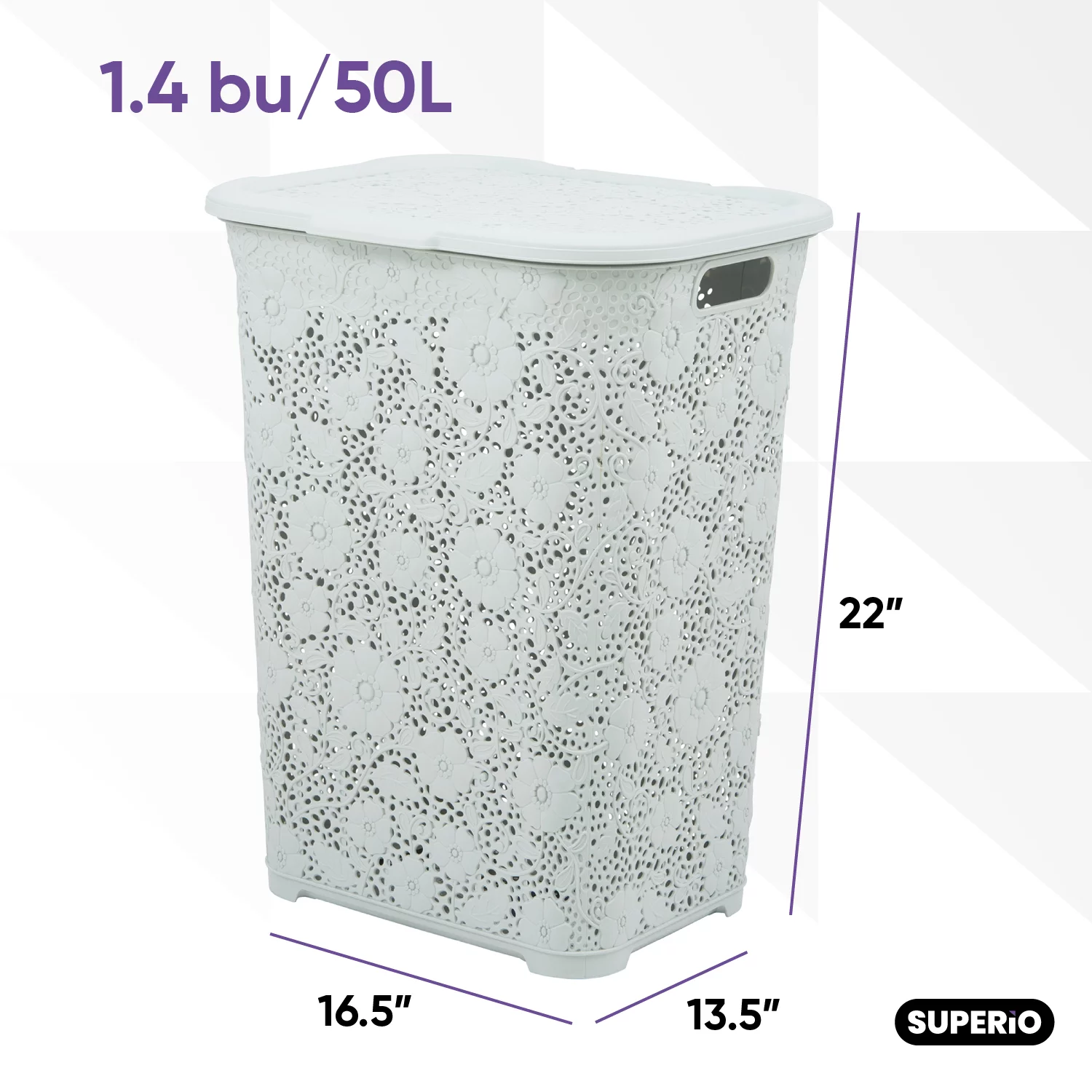Superio 50L Large Lace Plastic Laundry Hamper with Lid - White Smoke (2 Pack)