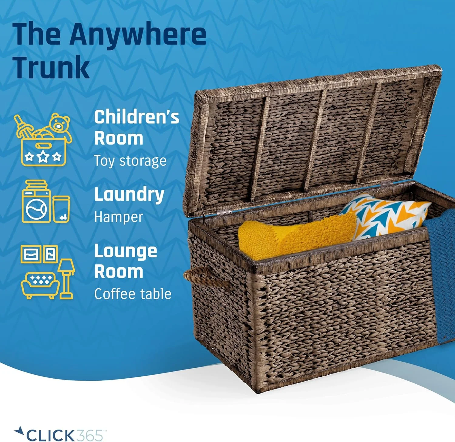 Click365 Storage Trunk, Farmhouse Style, Extra Large (33”), Deep, Woven Wicker Chest With Metal Frame, 2 Handles, Flip Top Lid and Stay Open Safety Hinges, Sustainable Eco Material, Rustic Brown