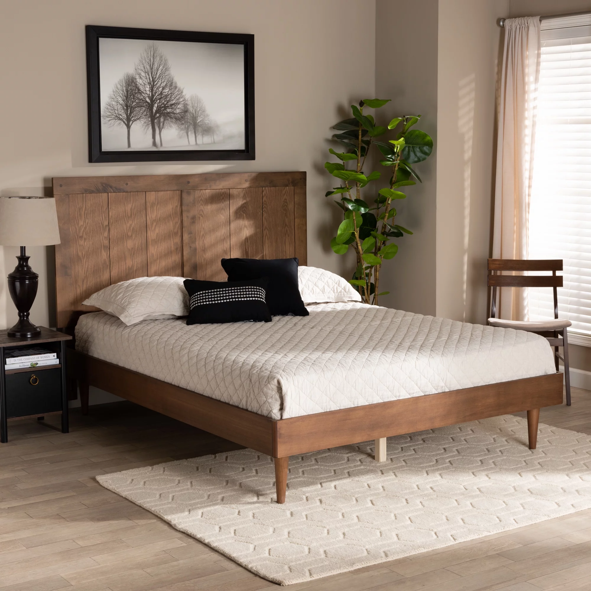 Baxton Studio Nicola Mid-Century Wood Back Support Platform Bed, King, Ash Walnut