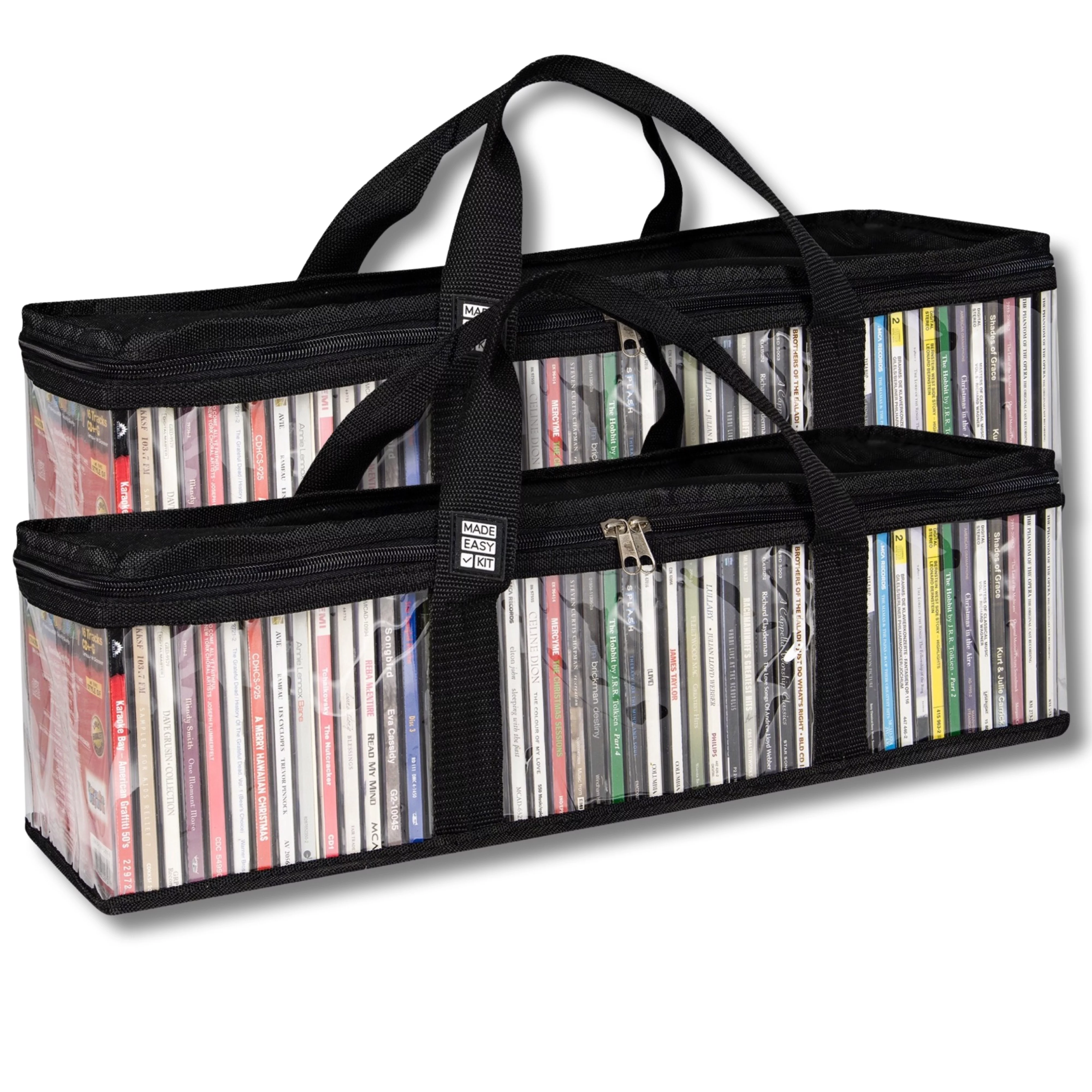 Made Easy Kit CD Media Storage Bag Case - Clear See Though PVC Organizer With Triple-Stitched Handles and Dividers - Stackable, Space-Saving, Fits 50 CDs (Black, 2 Bags)