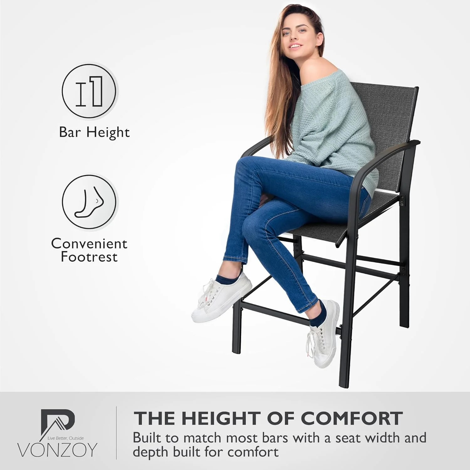 UDPATIO Patio Bar Chairs Set of 2, Outdoor Bar Height Stools, Metal Frame Textilene Tall Barstool with Backs Armrest, High Top Seating for Porch, Deck, Garden, Backyard, Pool, Grey