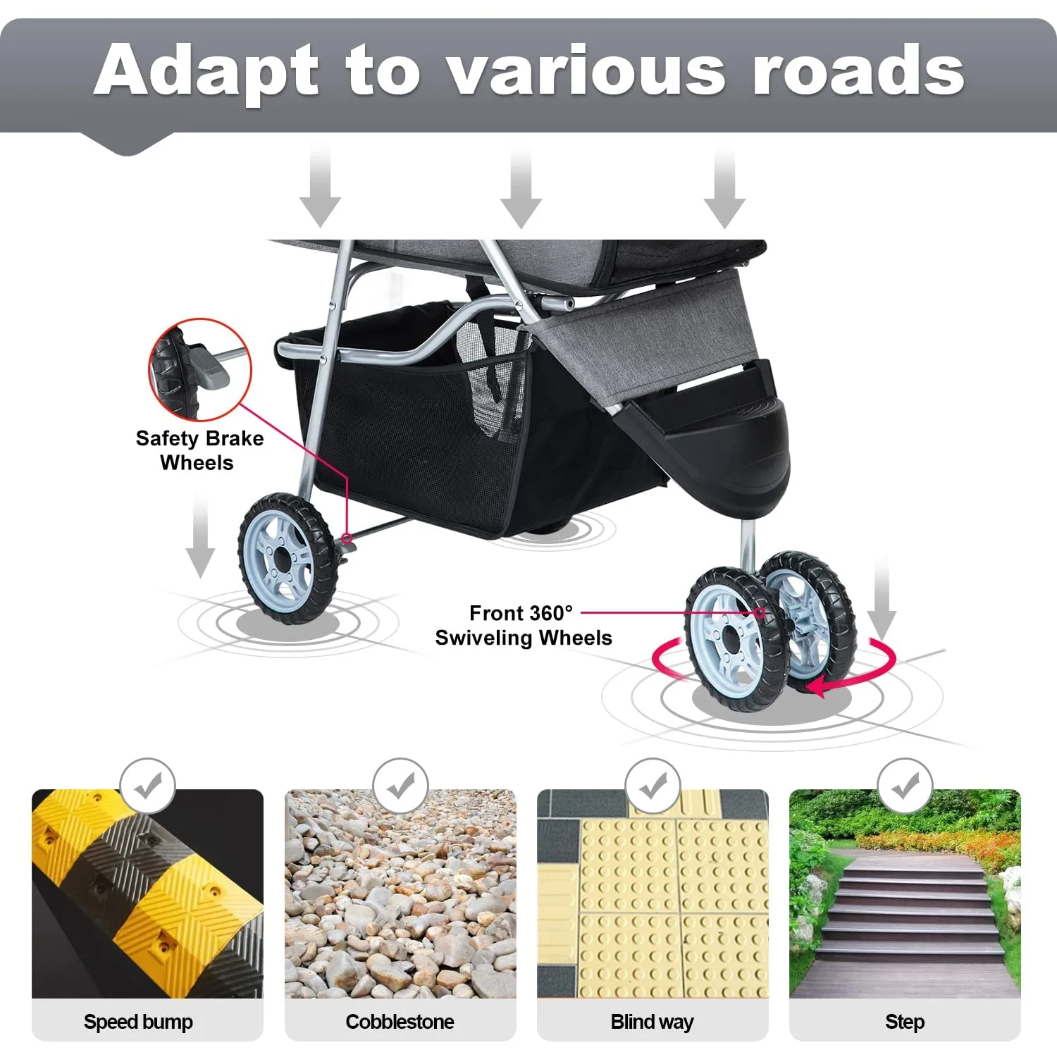 3 Wheels Pet Stroller Folding Dog Stroller Cat Stroller with Cup Holder & Storage Basket for Medium Small Dogs Cats, Grey