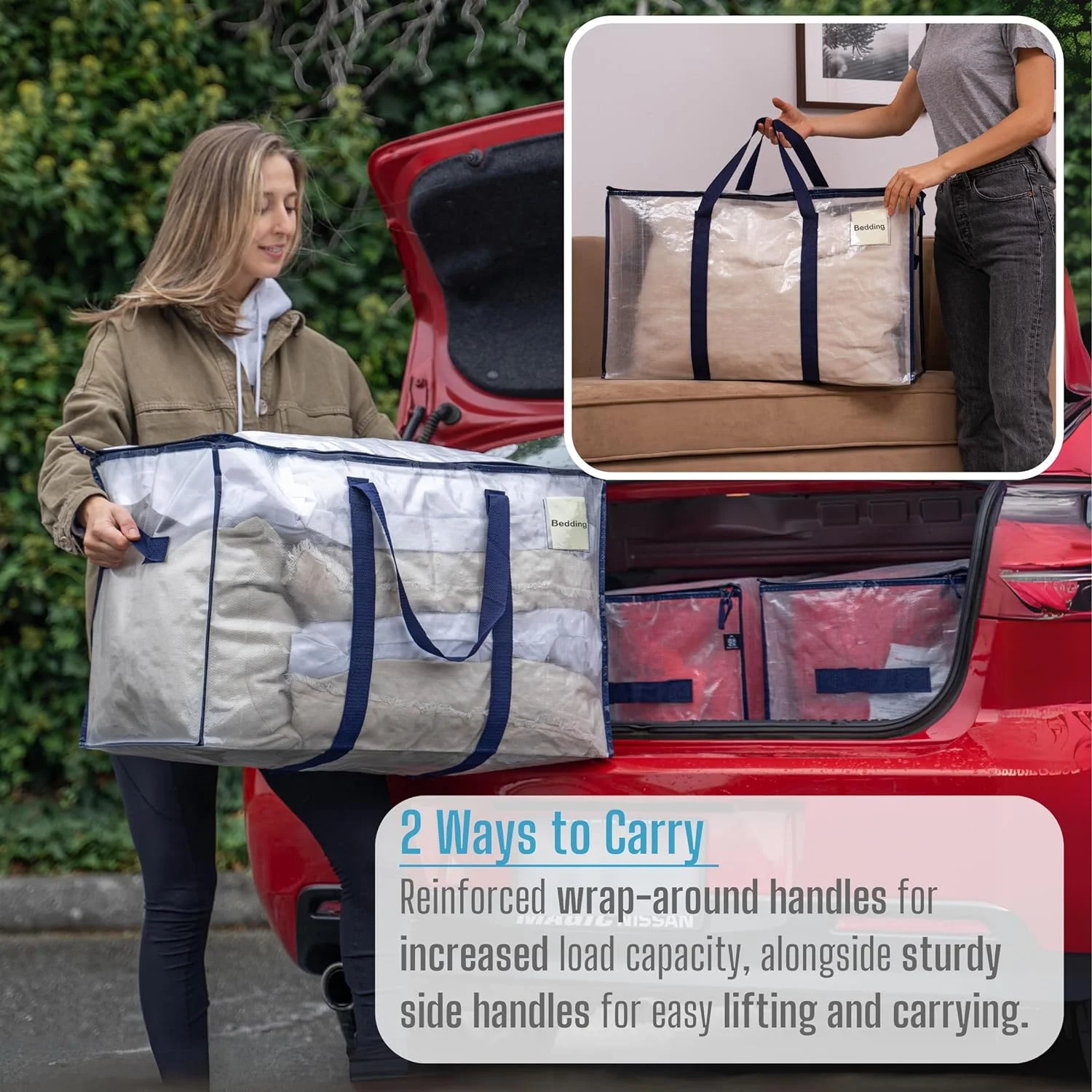 VENO 8 Pack XL Heavy Duty Foldable College Packing Moving Storage Zipper Bag W/ Reinforced Structure Alternative to Moving Box (Clear)