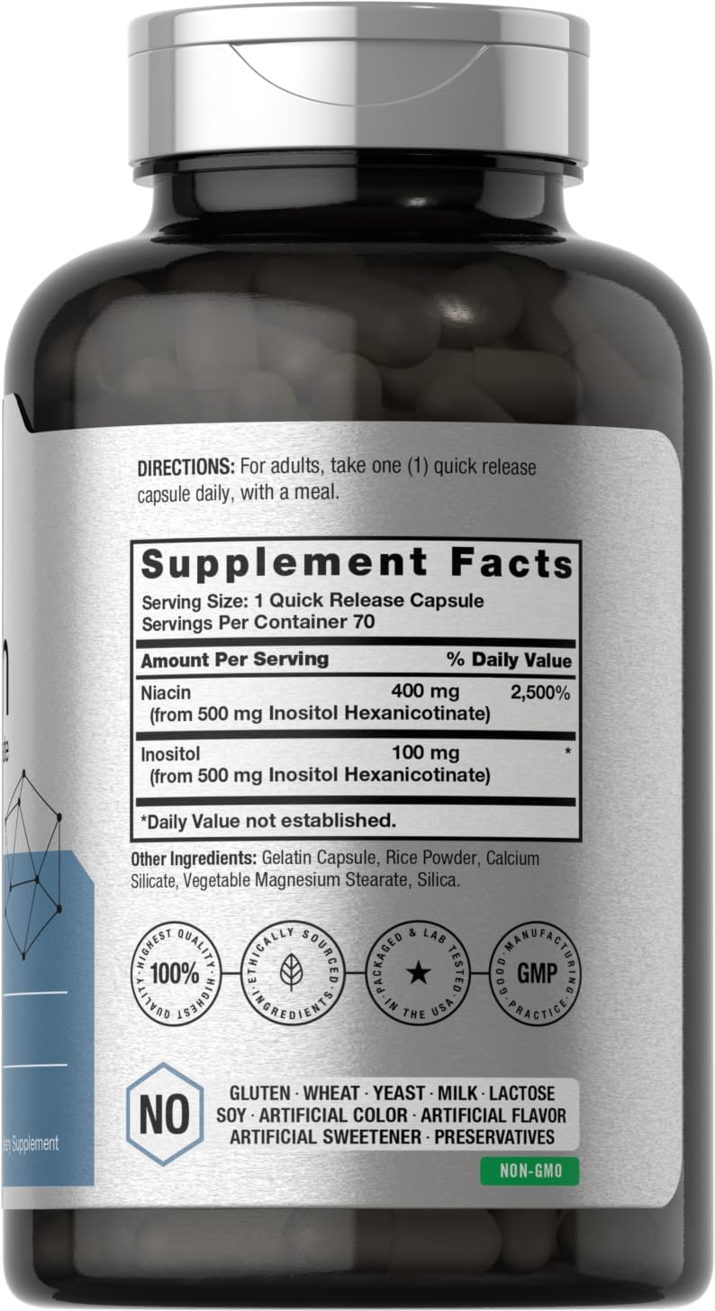 Niacin | 500mg | 70 Capsules | Flush Free with Inositol Hexanicotinate | by Horbaach
