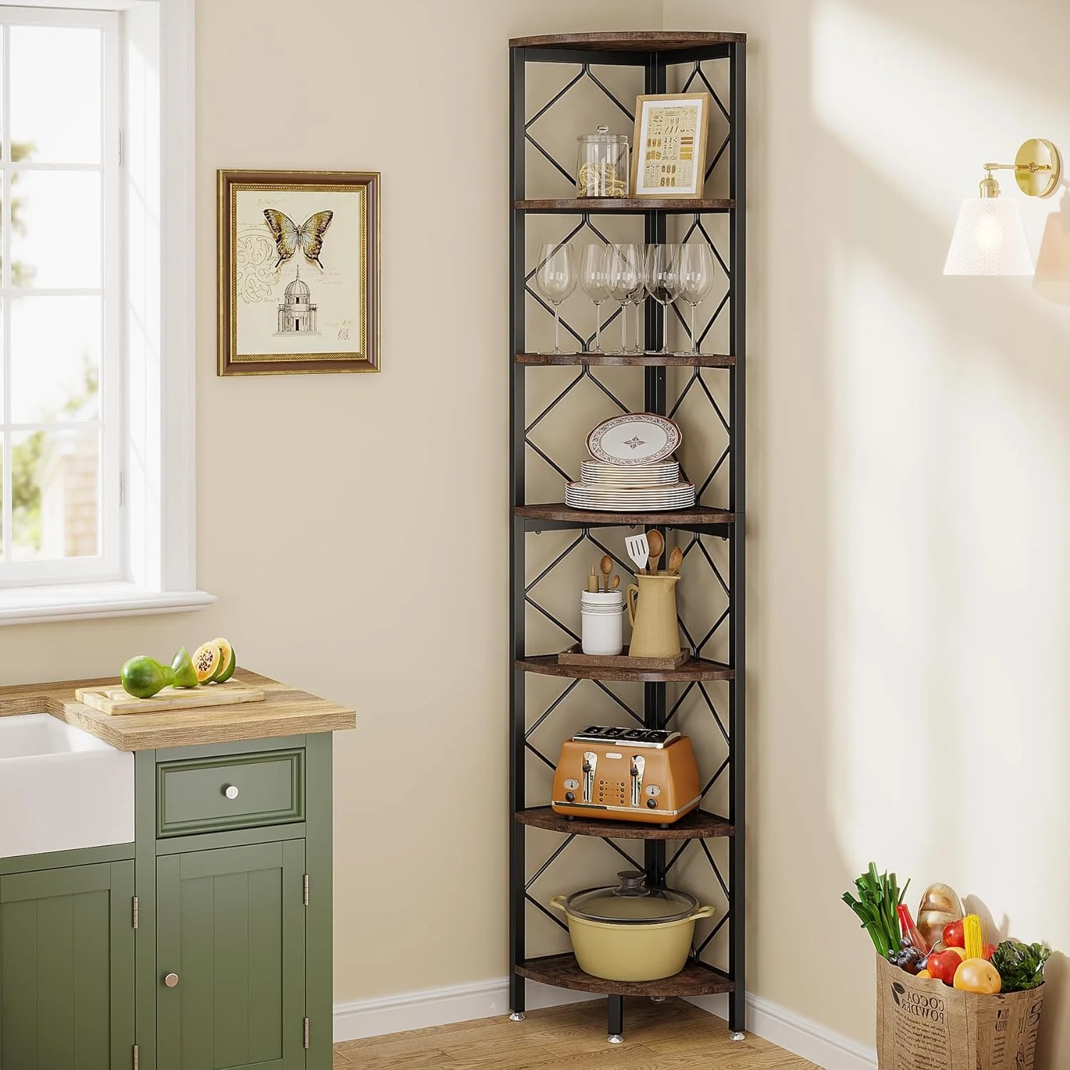Tribesigns 7-Tier Extra Tall Corner Bookshelf, Industrial Slim Corner Storage Rack