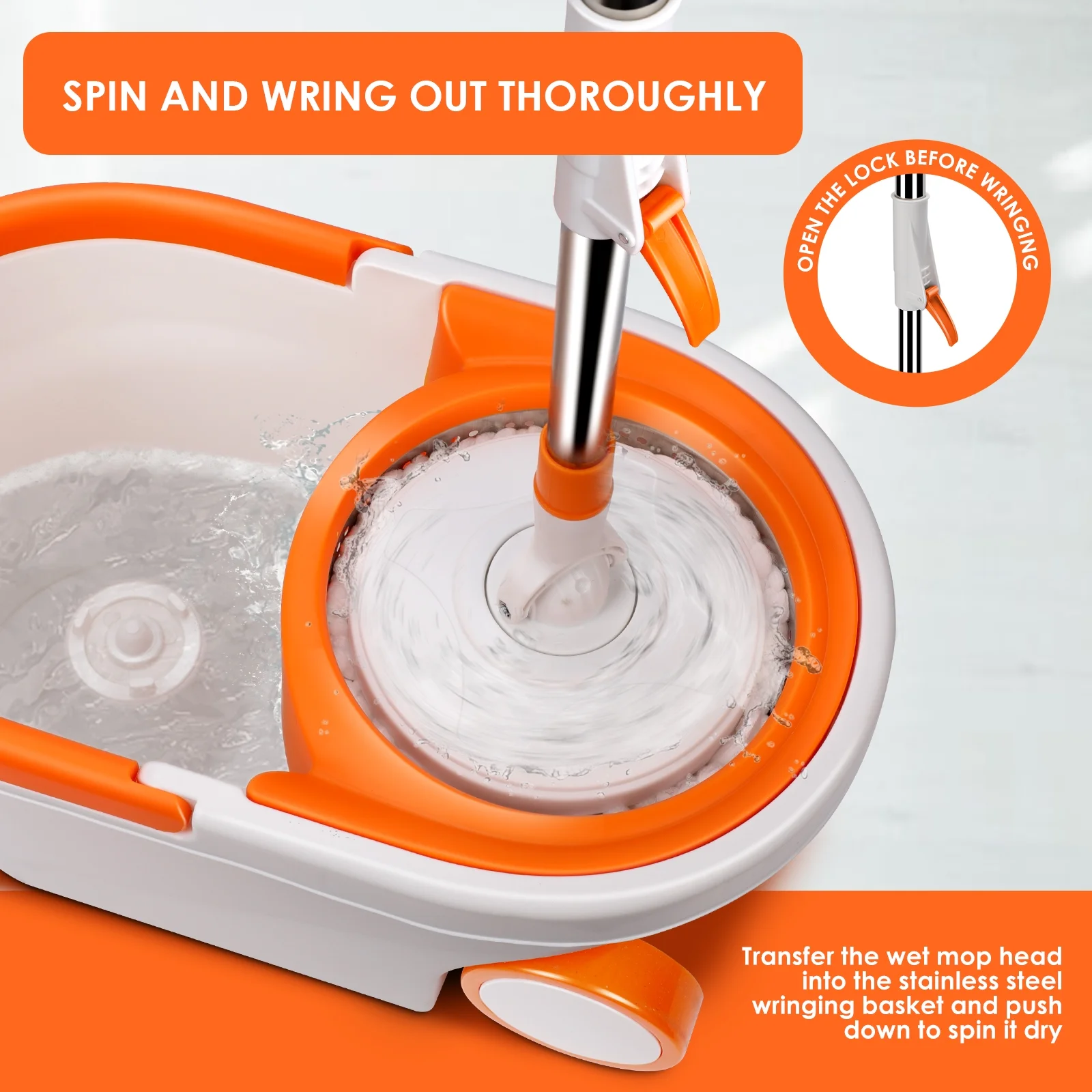 Masthome Handle Spin Mop and Bucket with Wringer Set for Floor Cleaning,6 Microfiber Mop Pads