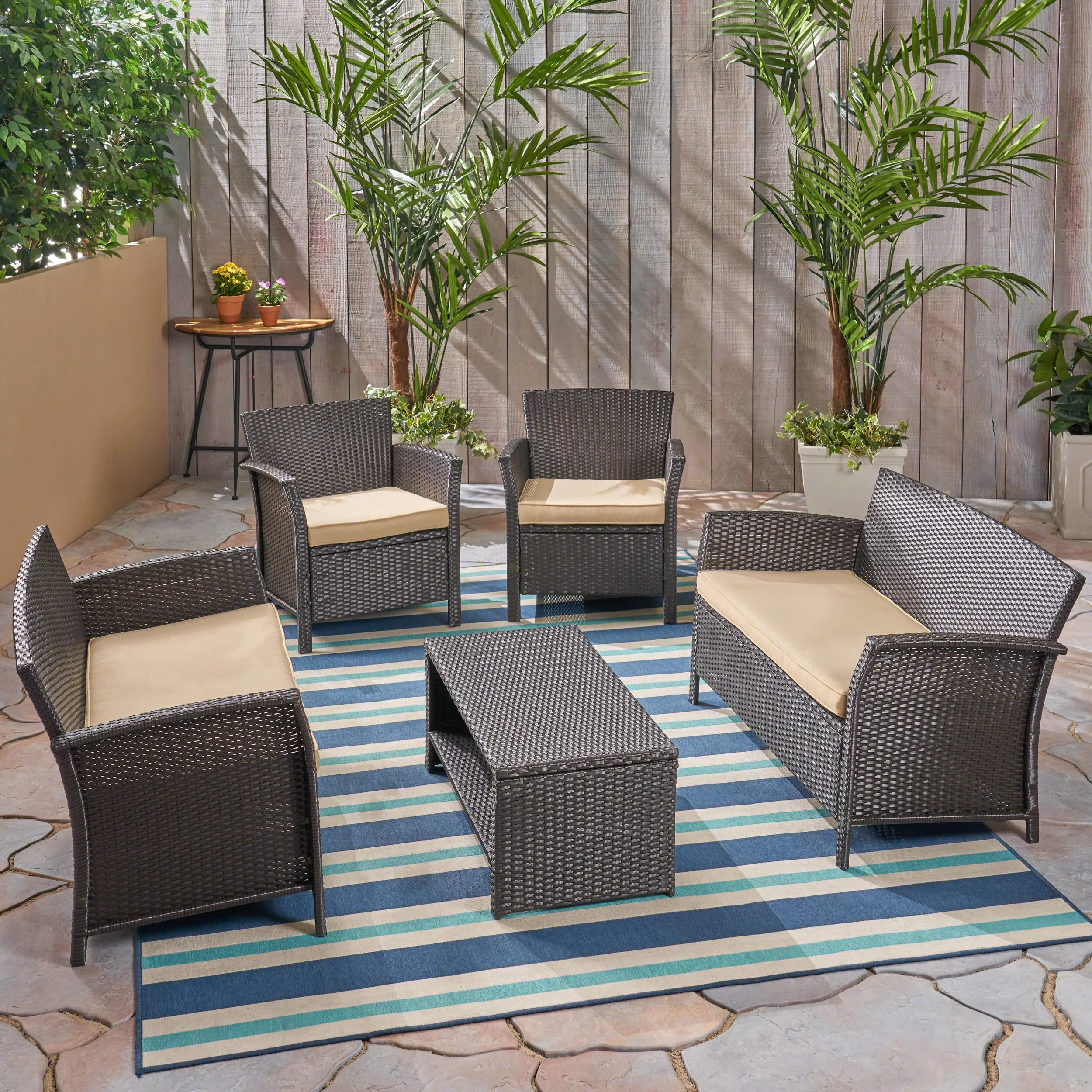 GDF Studio Raina Outdoor Wicker 6 Seater Chat Set with Cushions, Brown and Tan