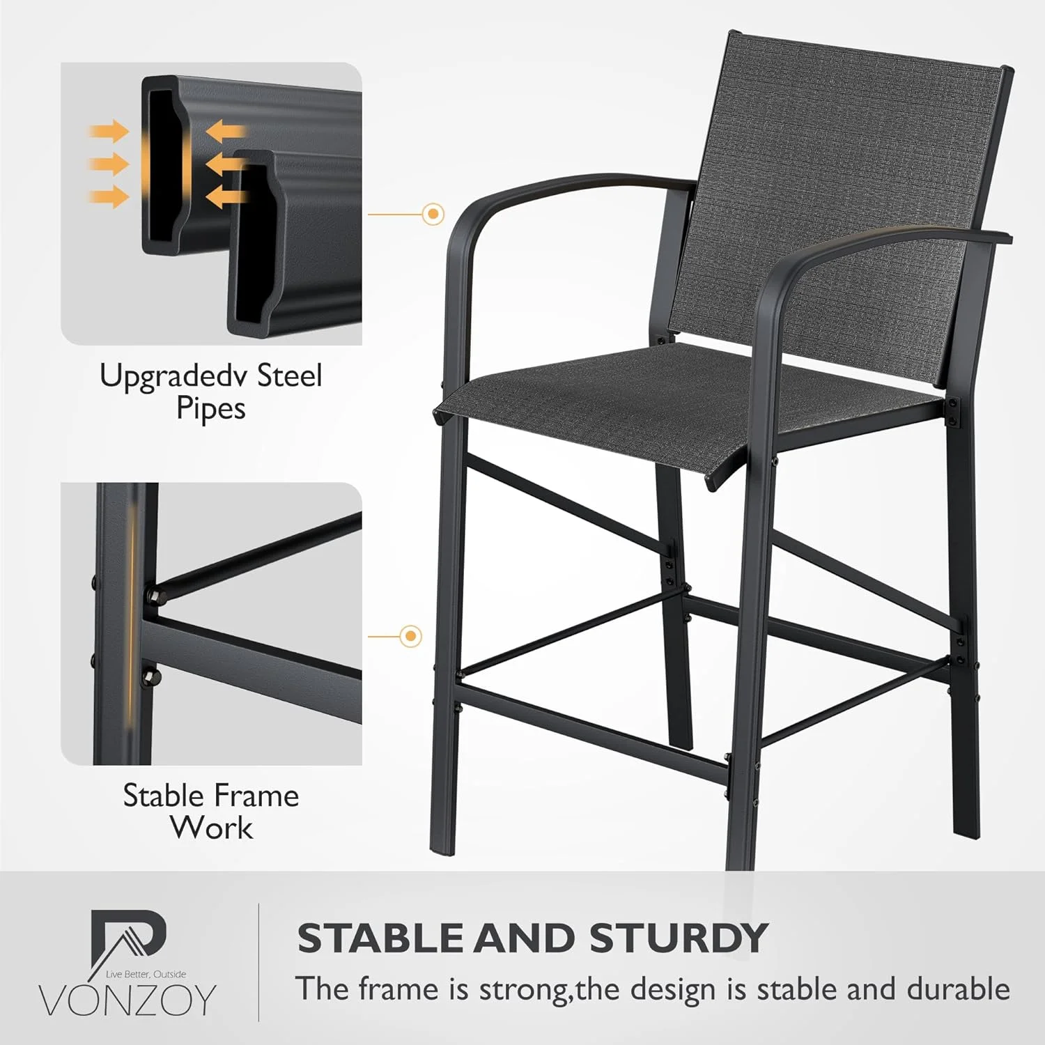 UDPATIO Patio Bar Chairs Set of 2, Outdoor Bar Height Stools, Metal Frame Textilene Tall Barstool with Backs Armrest, High Top Seating for Porch, Deck, Garden, Backyard, Pool, Grey