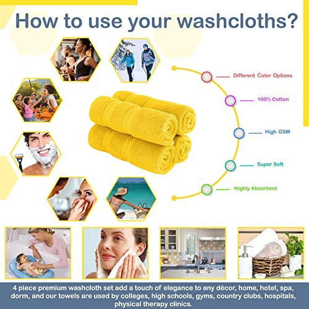 American Soft Linen 4 Piece 100% Turkish Cotton Washcloth Set, Lemon Yellow)